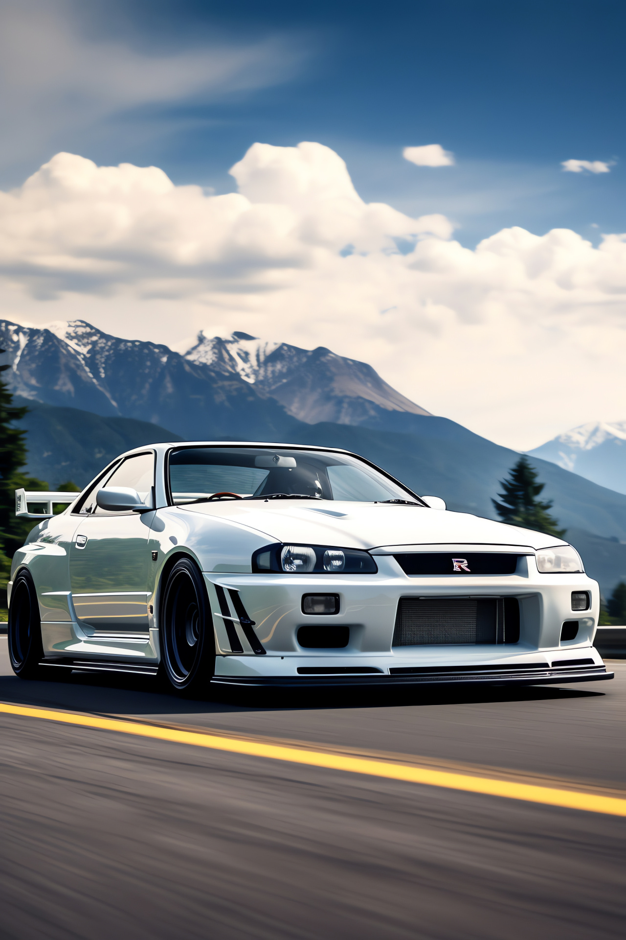 Nissan Skyline GTR R33 action, Fuji Speedway circuit, Mount Fuji backdrop, Japanese engineering, Aerodynamic fenders, HD Phone Image