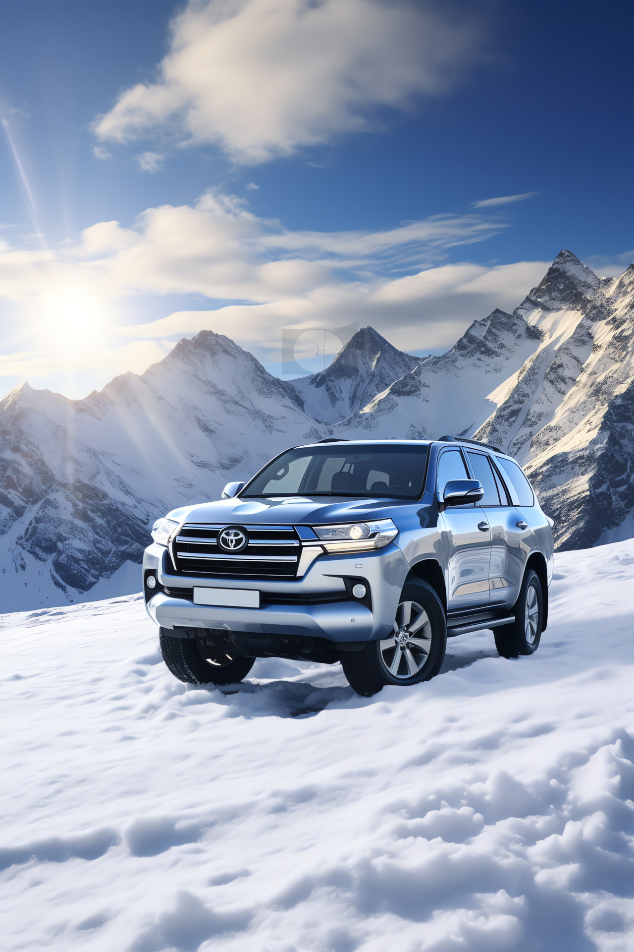 Toyota emblem, All-terrain SUV, Snow-capped mountain challenge, Trusted auto performance, Rough landscape capability, HD Phone Image