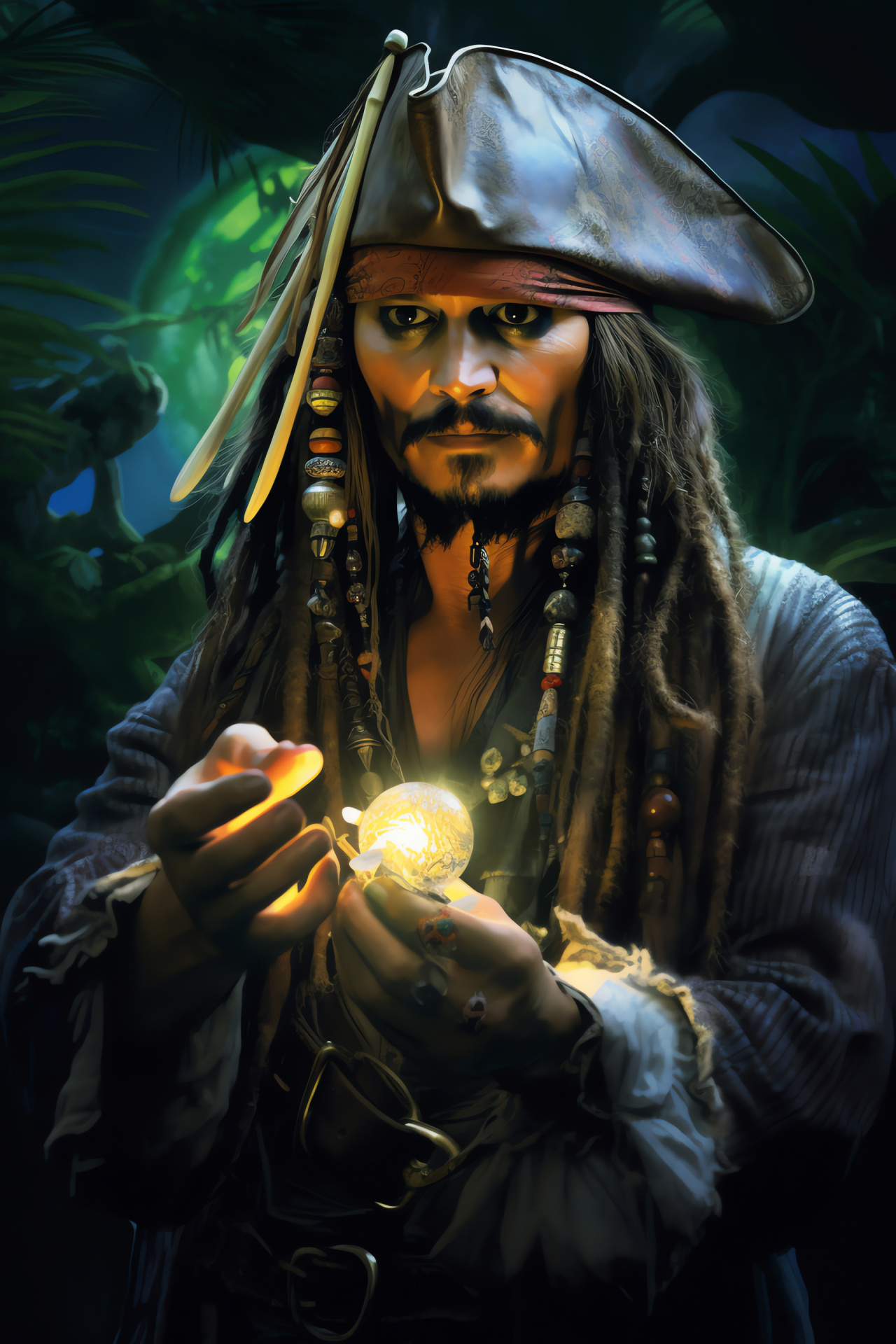 Captain Jack Sparrow, Pirates Caribbean, Seaside nocturne, Hidden riches, Lunar brilliance, HD Phone Image