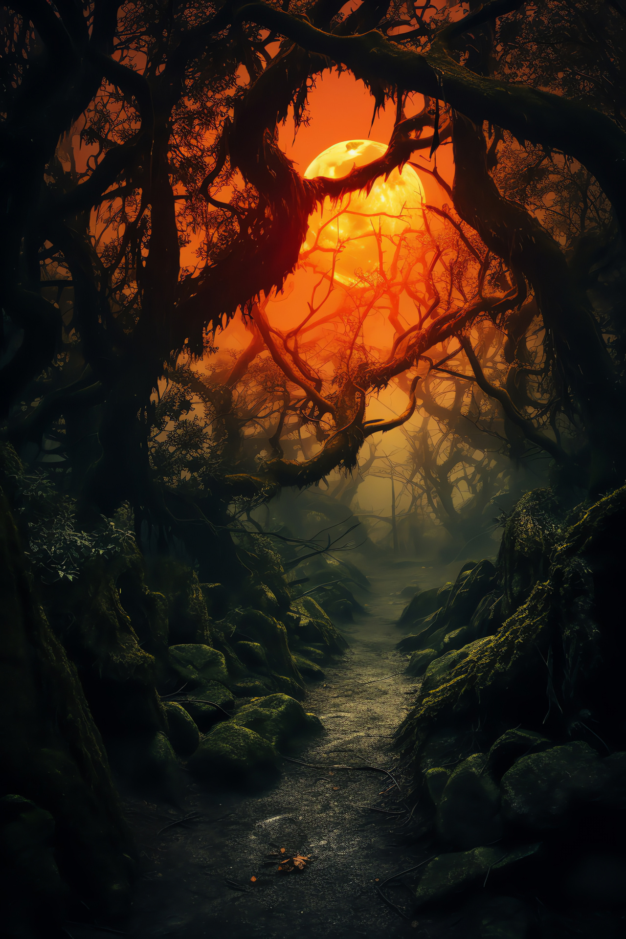 Spooky woods, October night, Eerie scenery, Halloween ambiance, Haunted allure, HD Phone Wallpaper