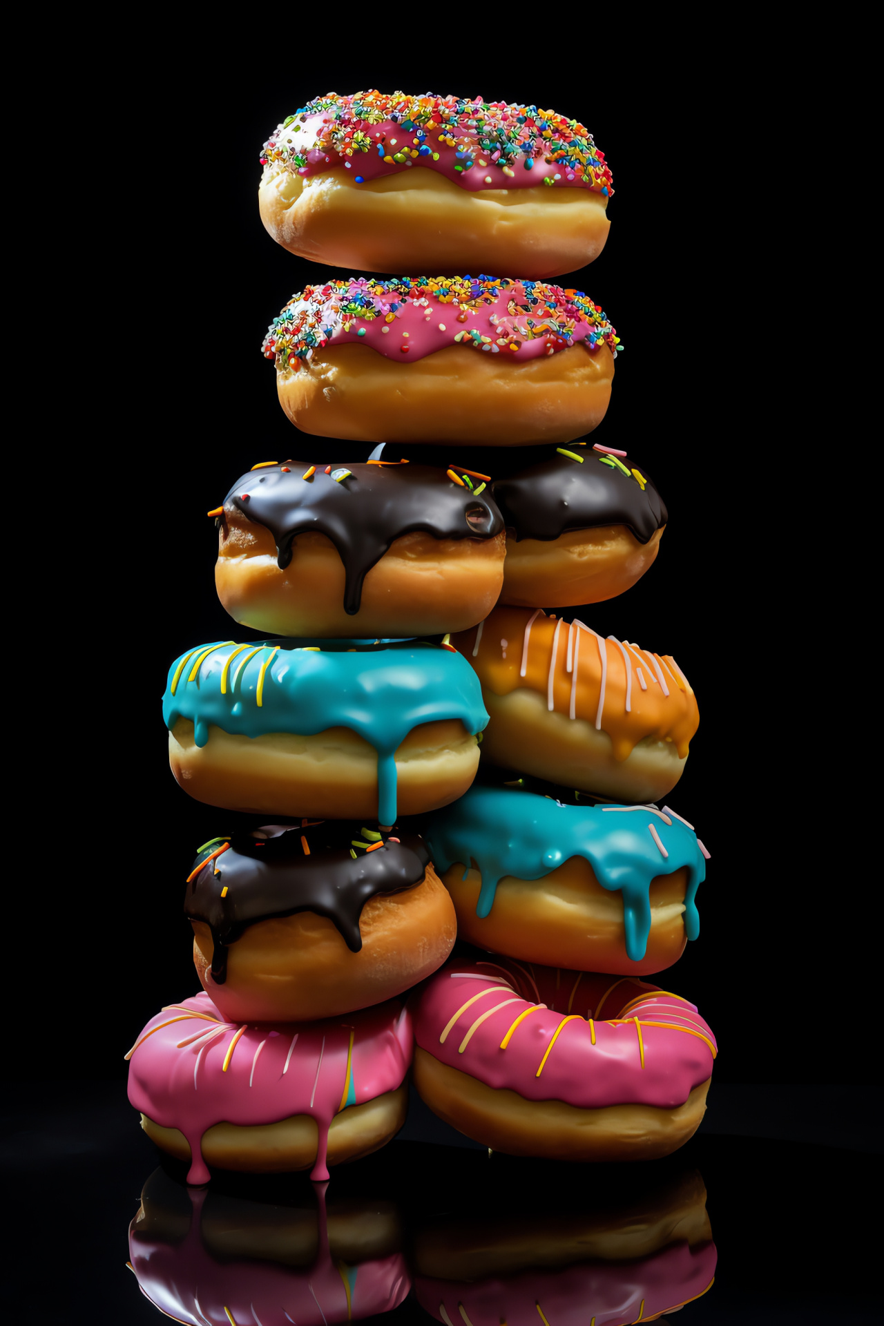 Assorted donuts, Colorful toppings, Sweet icing, Rainbow sprinkles, Donut tower confections, HD Phone Image