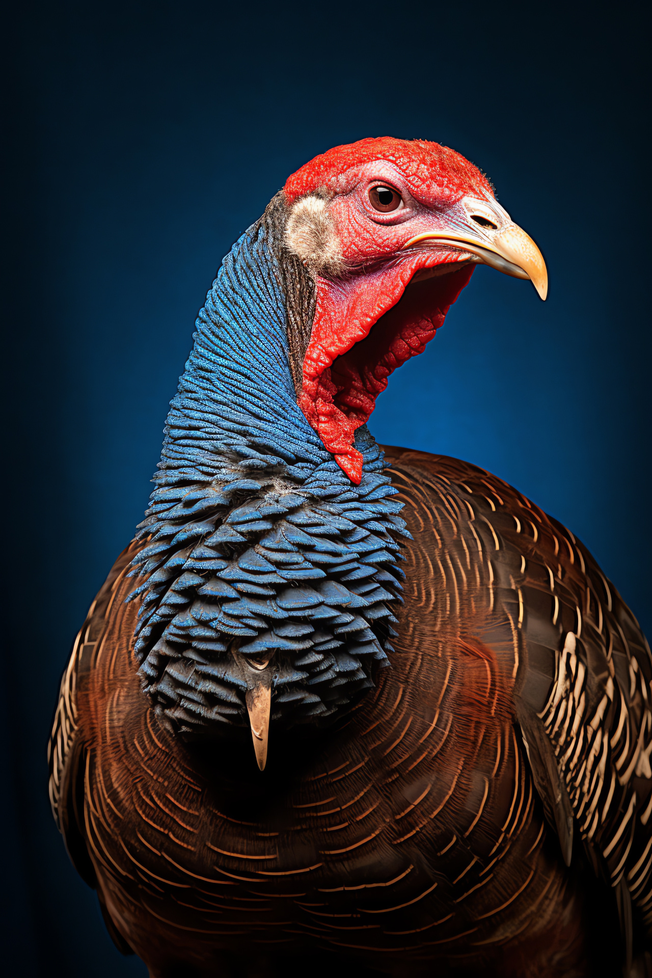 Wild Turkey display, Red backdrop contrast, Iridescent feathering, Metallic blues detail, Ground bird profile, HD Phone Image