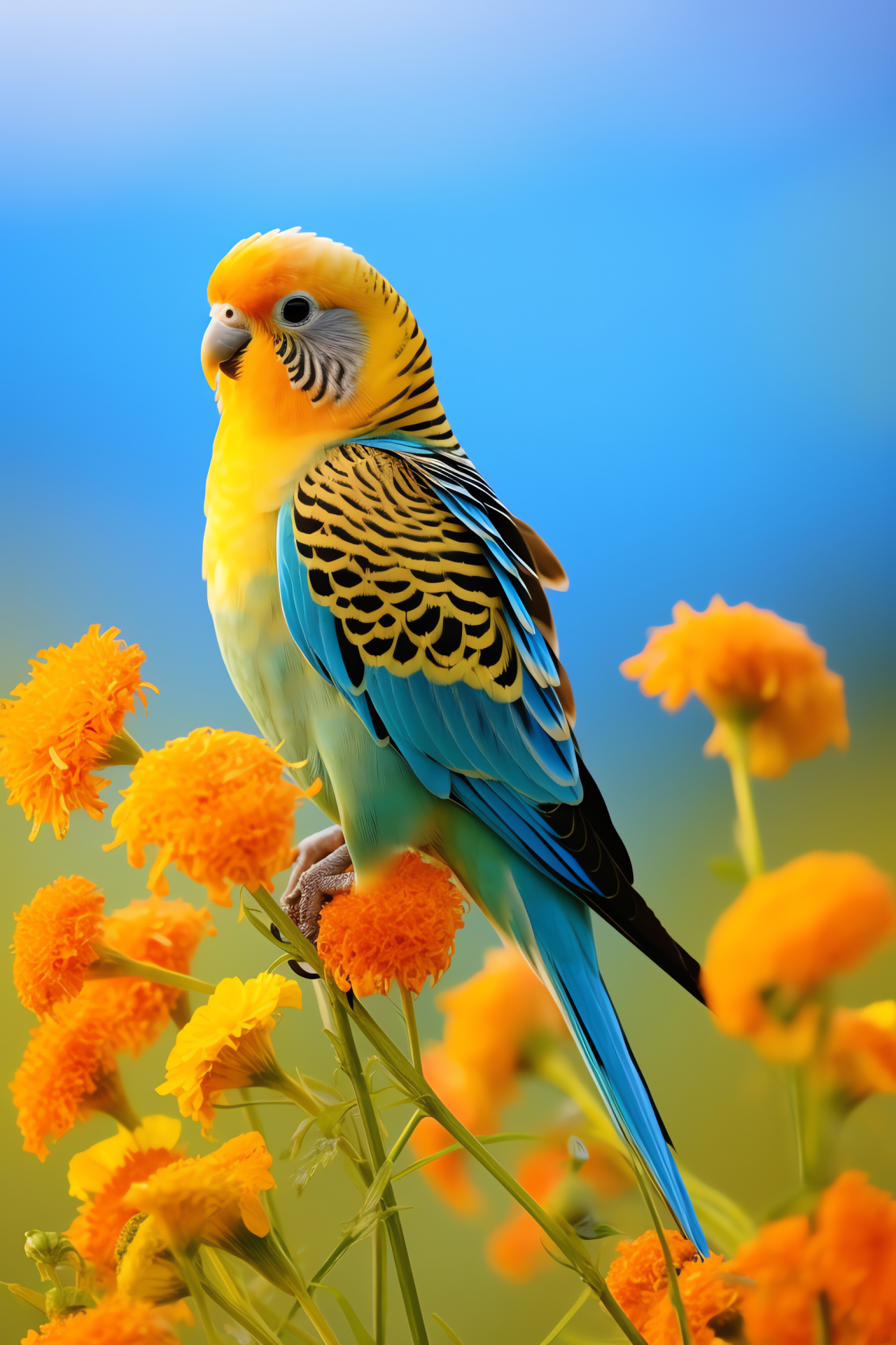 Parakeet, orange feathers, yellow beak, gold accents, meadow habitat, HD Phone Wallpaper