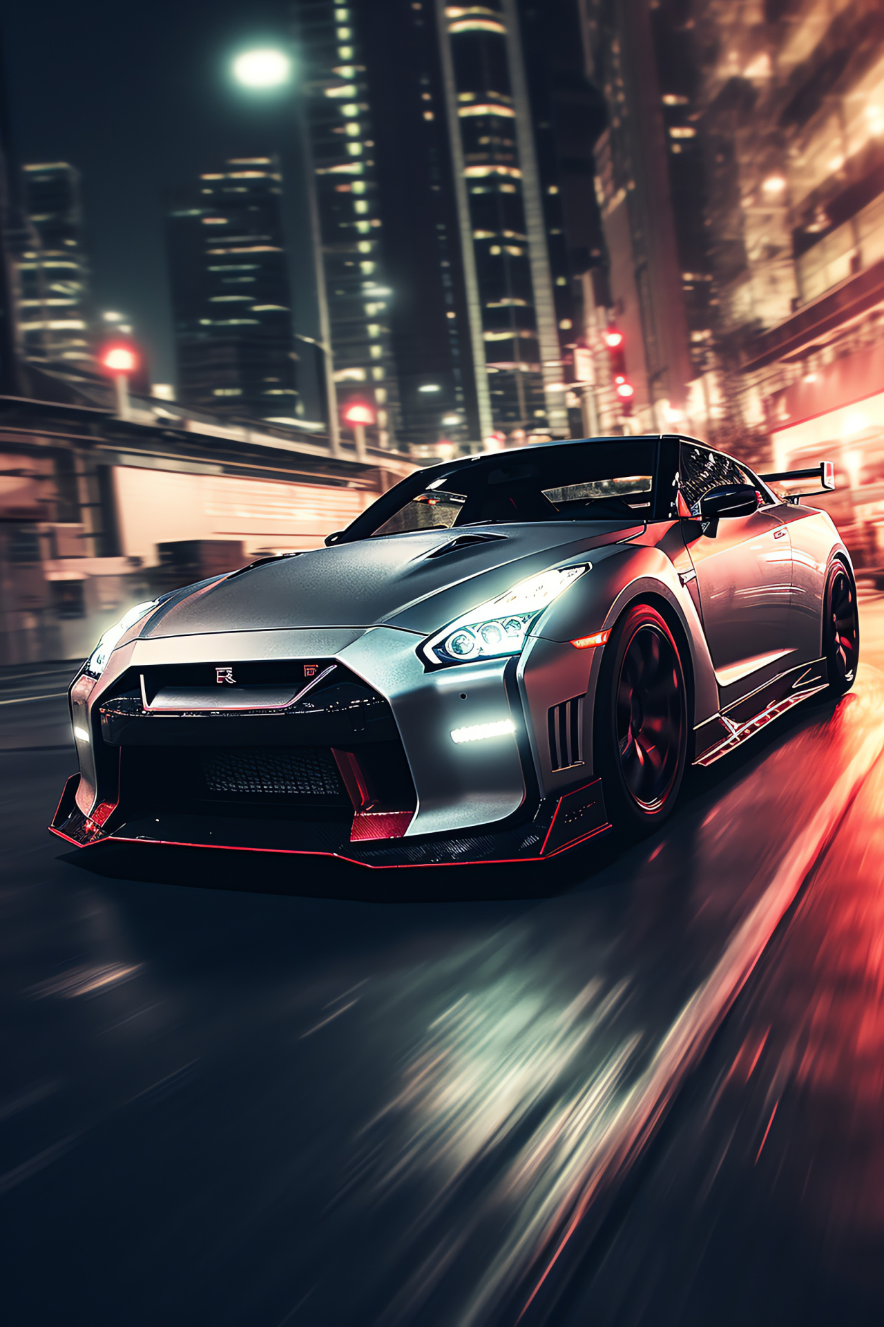 Nissan GTR in futuristic decor, Neo-Tokyo inspiration, Street level motion, Urban neon illumination, Advanced city setting, HD Phone Wallpaper