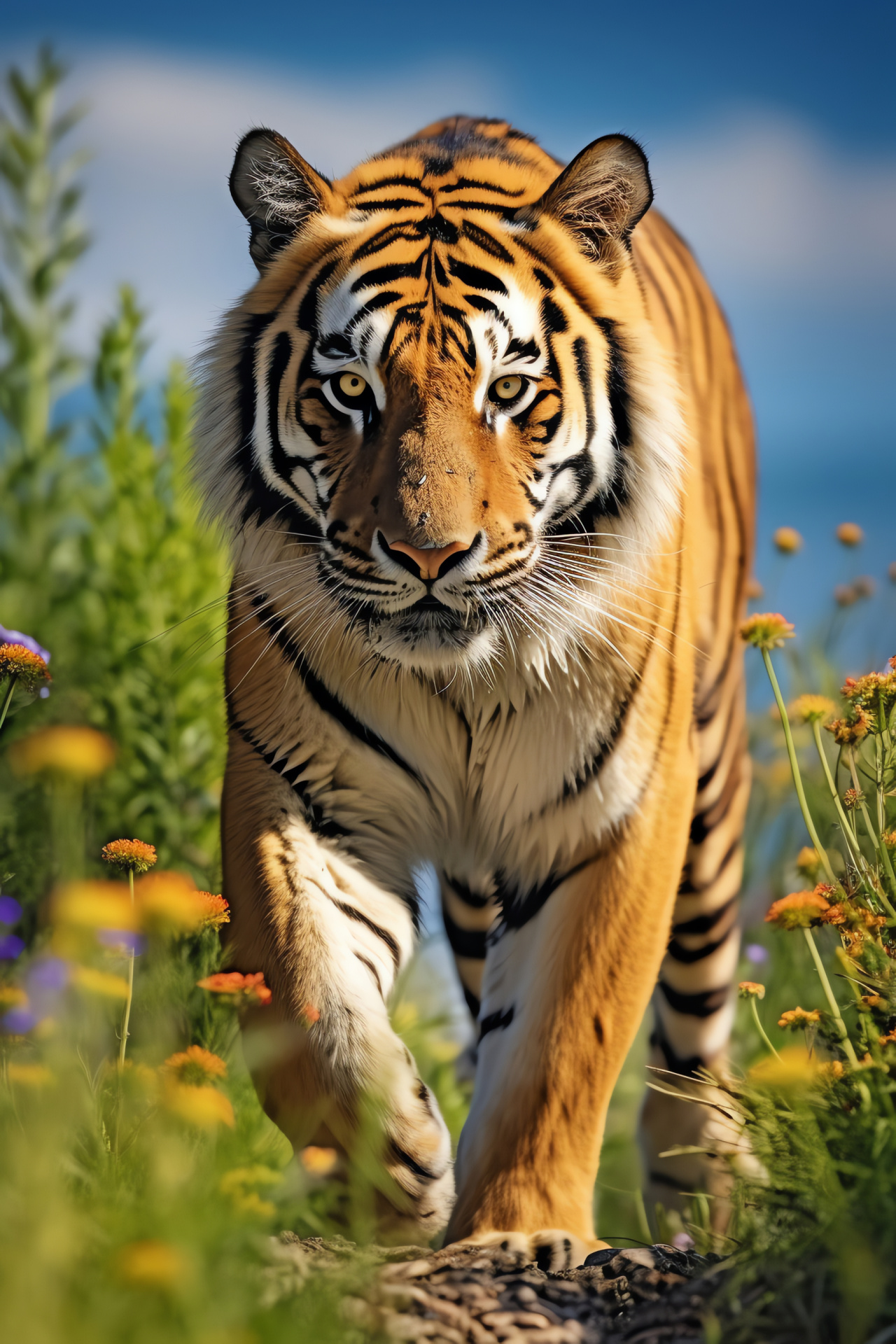 Majestic tiger stalking, grassland ecosystem, colorful wildflower vista, golden light hues, pure natural environment, HD Phone Image