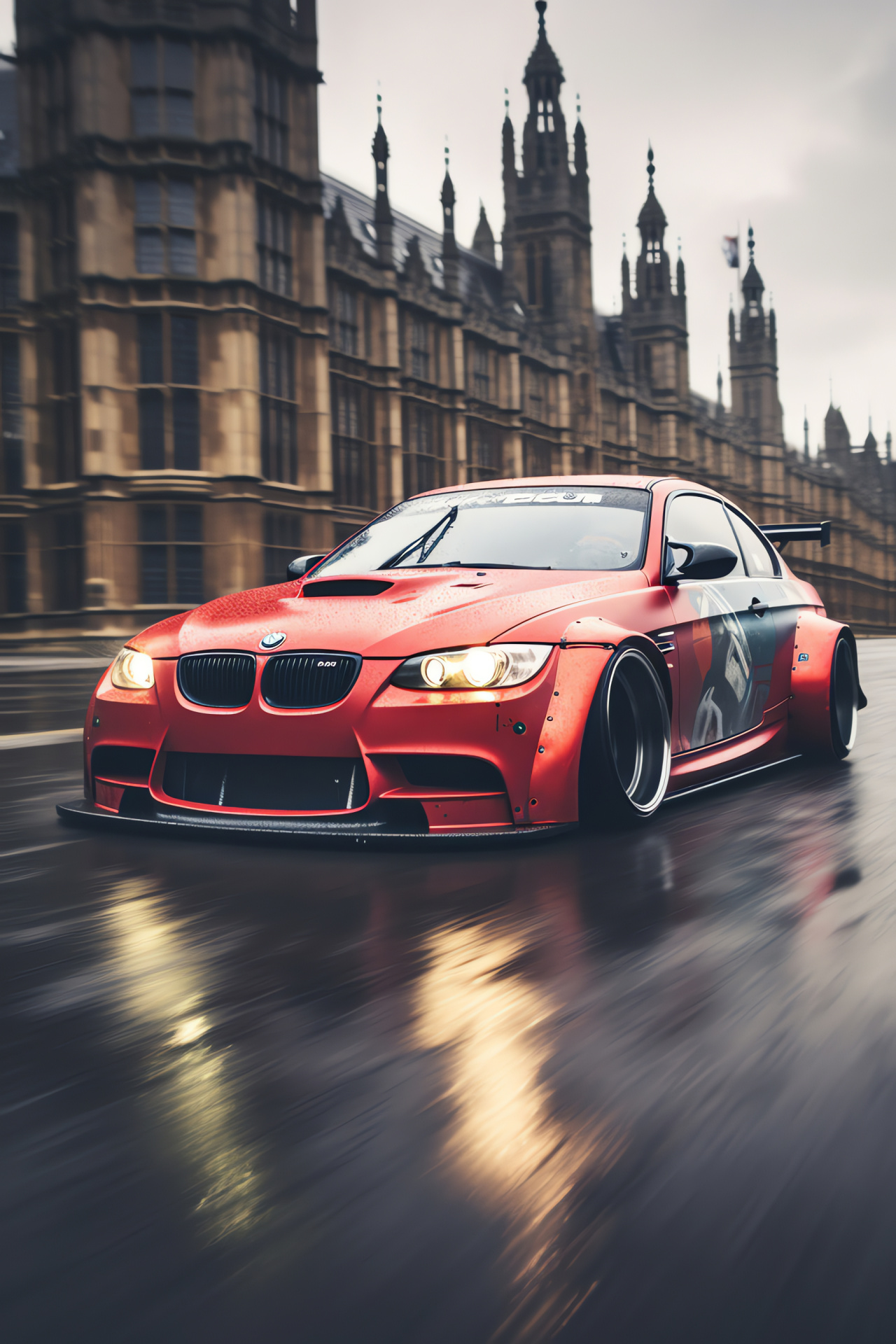 Rocket Bunny modification, BMW E92 M3 model, London backdrop, Dynamic powerslide capture, Rain-doused city streets, HD Phone Wallpaper