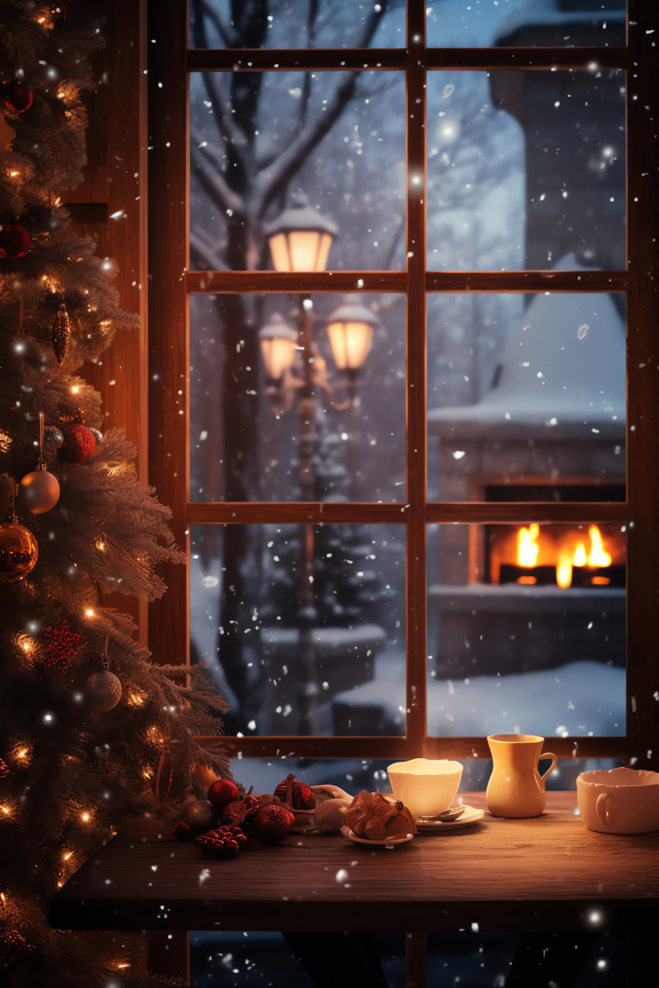 Festive Windows 7 Xmas theme, Inviting holiday cafe, Crackling fireplace warmth, Aromatic seasonal drinks, Cozy atmosphere, HD Phone Image