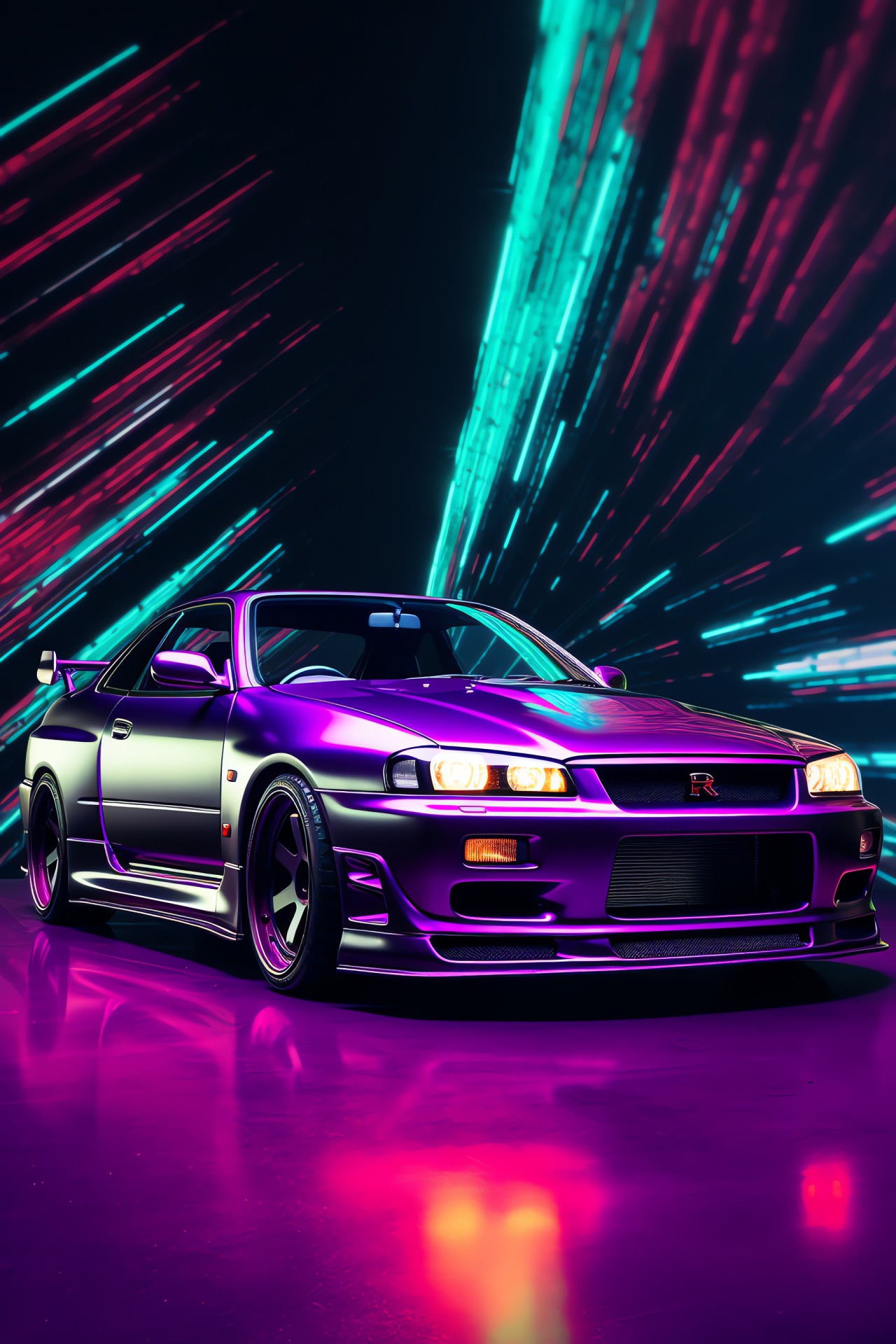 Nissan Skyline GTR R33, Elevated capture, Tri-color panorama, Neon illumination, Nighttime allure, HD Phone Wallpaper