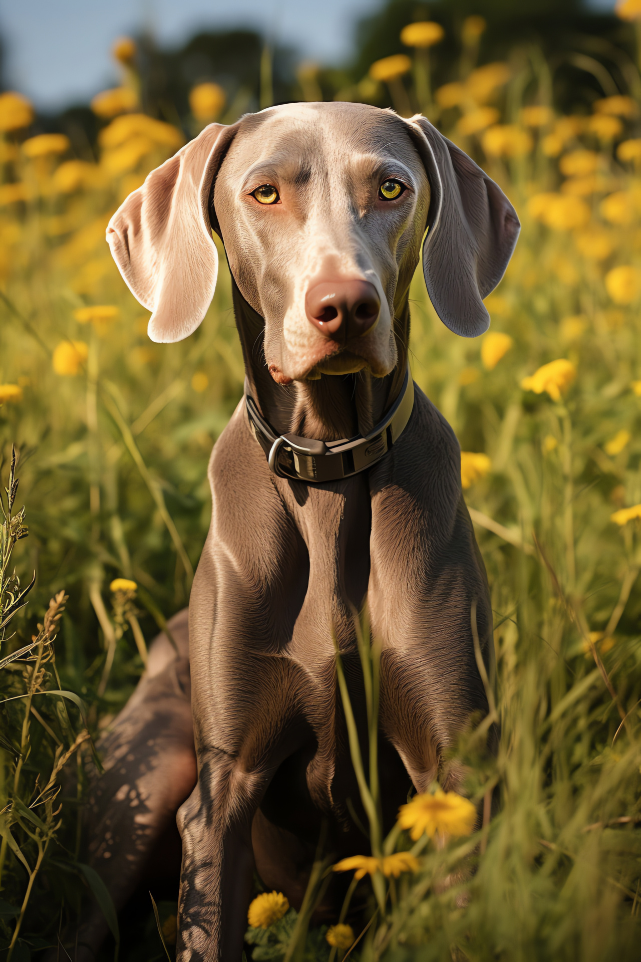 Weimaraner standing, Dog with amber gaze, Weimaraner sleek fur, Metallic canine coloring, Grassland environment, HD Phone Wallpaper