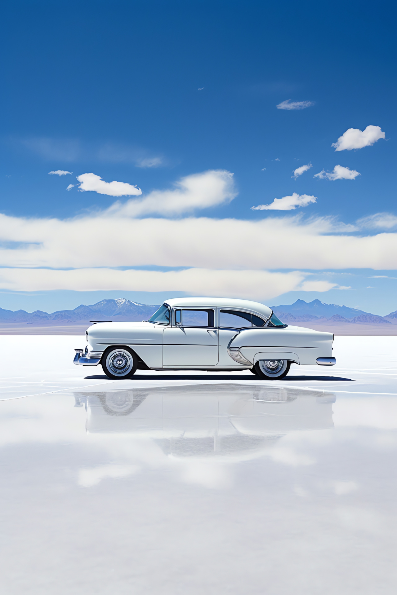 Timeless Chevrolet Bel Air, expansive Bonneville flats, Utah's natural vastness, brilliant white finish, freedom expanse, HD Phone Image