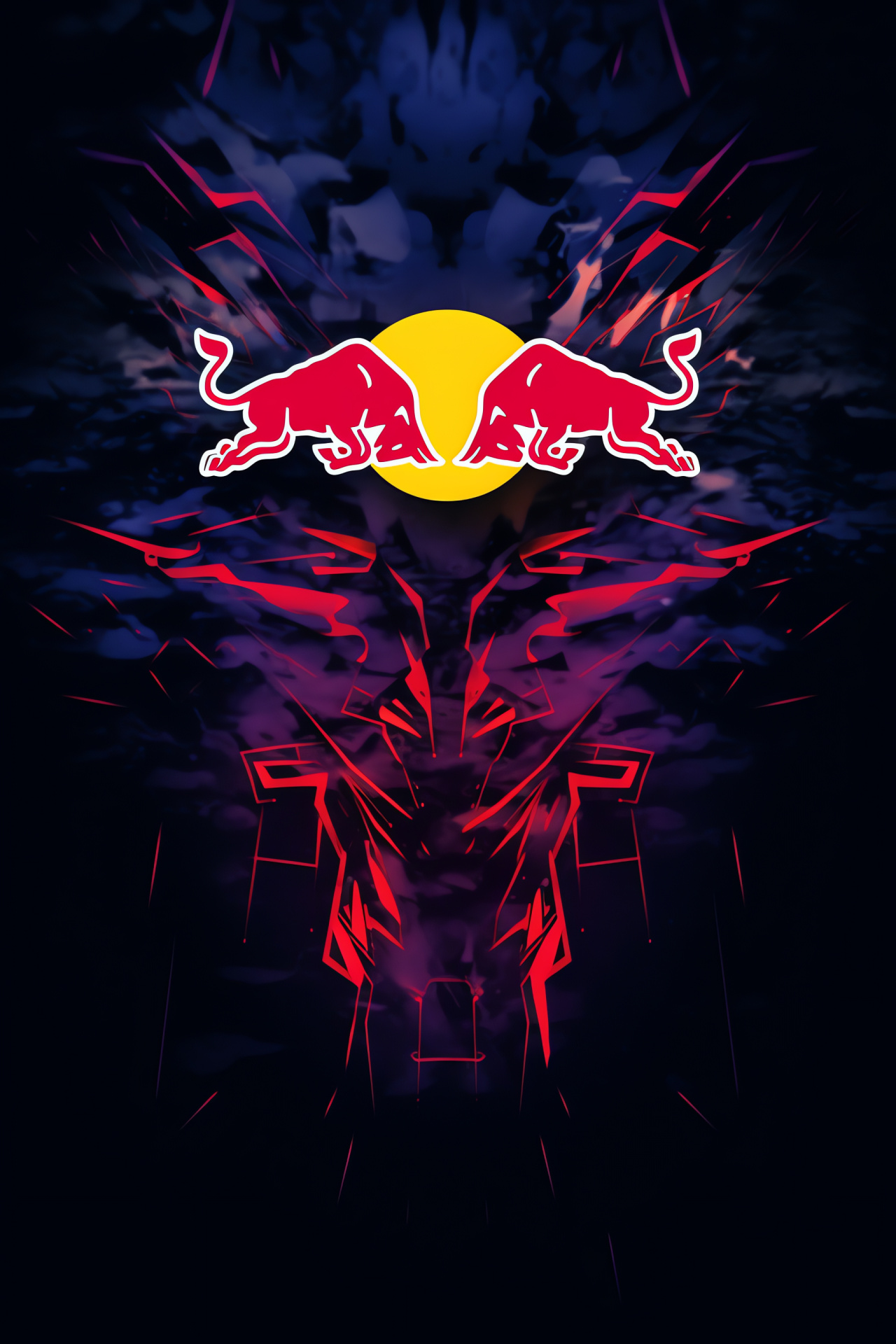 Red Bull unique art, Energy drink display, Aerial perspective, Blacklight setting, Attractive visuals, HD Phone Image