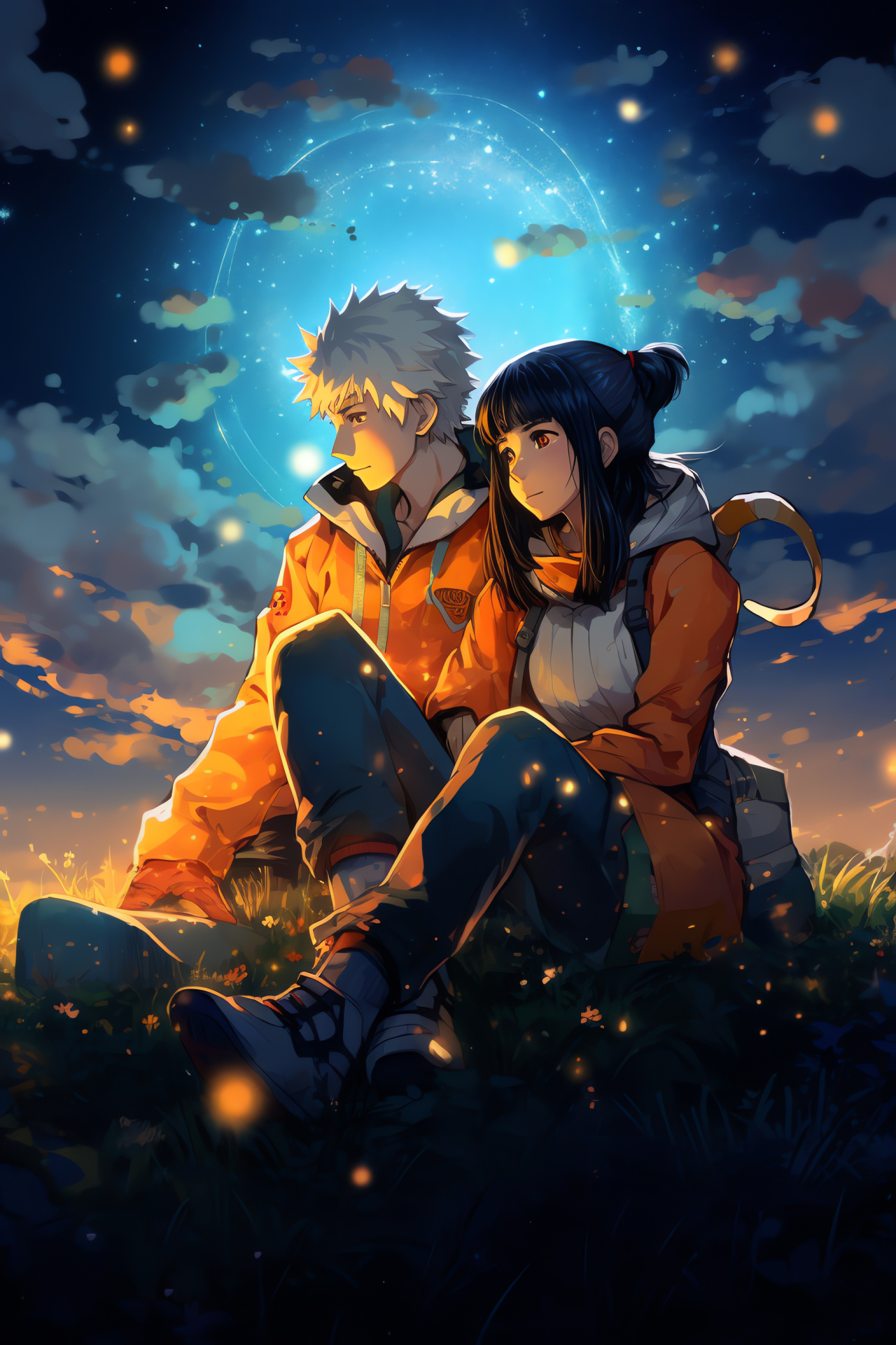 Anime romance, Naruto with Hinata, shared moment, cosmic ambiance, conspicuous jacket, HD Phone Image