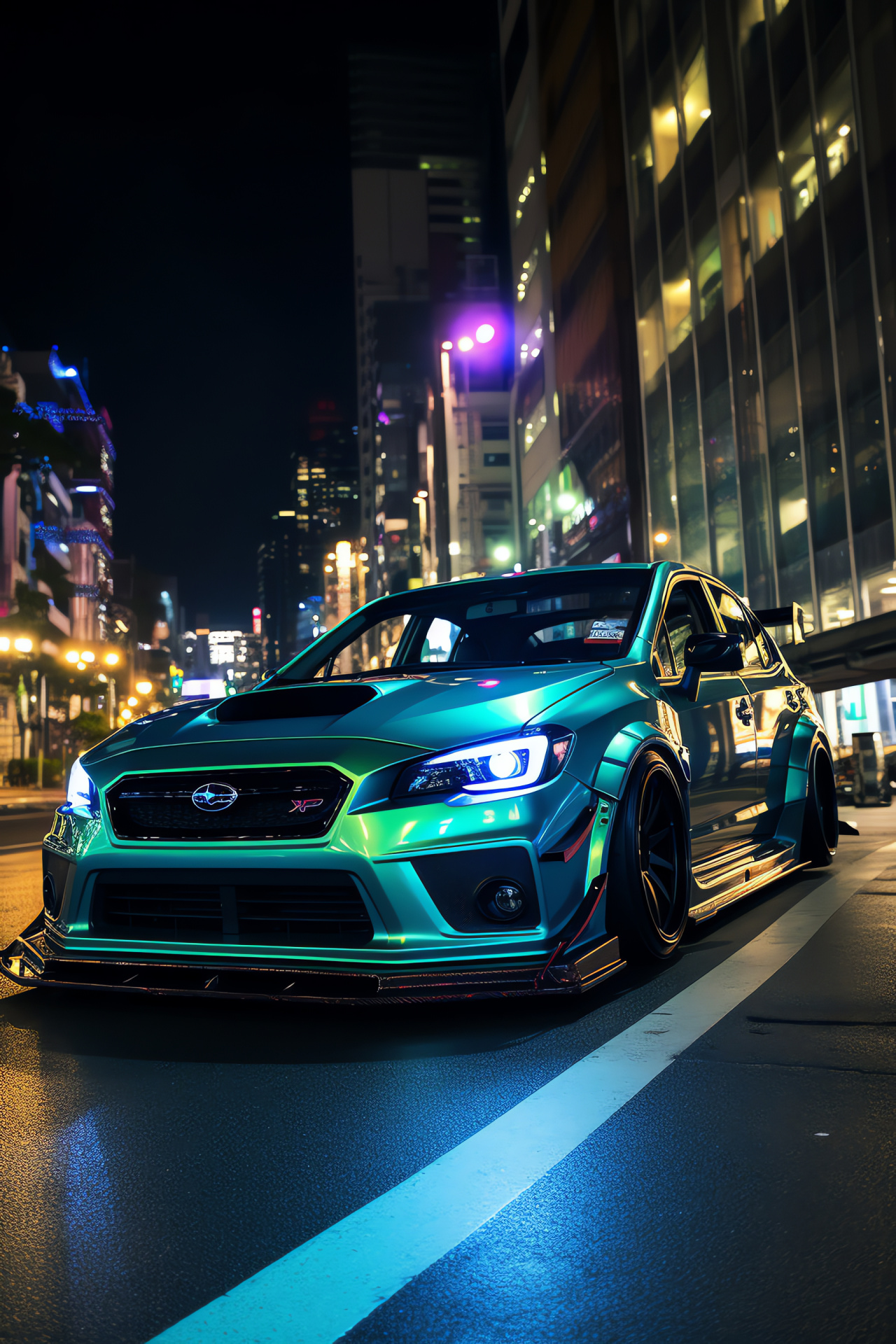 Subaru Impreza, WRX STI Tokyo, Modified visuals, Urban glow, Futuristic skyline, HD Phone Image