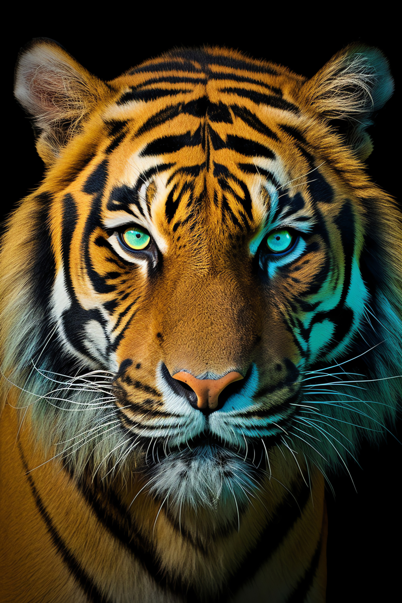 Tiger visage, Feline close-up, Artistic triple-color background, Jungle predator, Teal-yellow aura, HD Phone Wallpaper