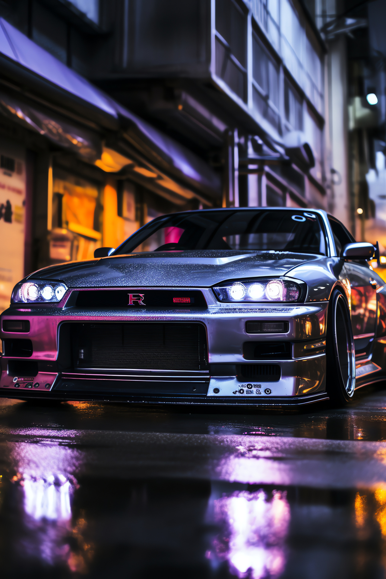 Nissan Skyline GTR Tokyo drift, Urban racing spirit, Glowing city ambiance, Car enthusiast culture, Chrome detailing, HD Phone Wallpaper