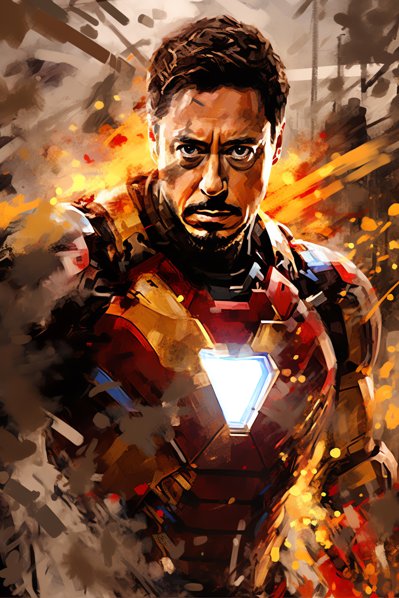 Robert Downey Jr as Iron Man, cinematic combat, explosive effects, armor design, superhero action, HD Phone Image