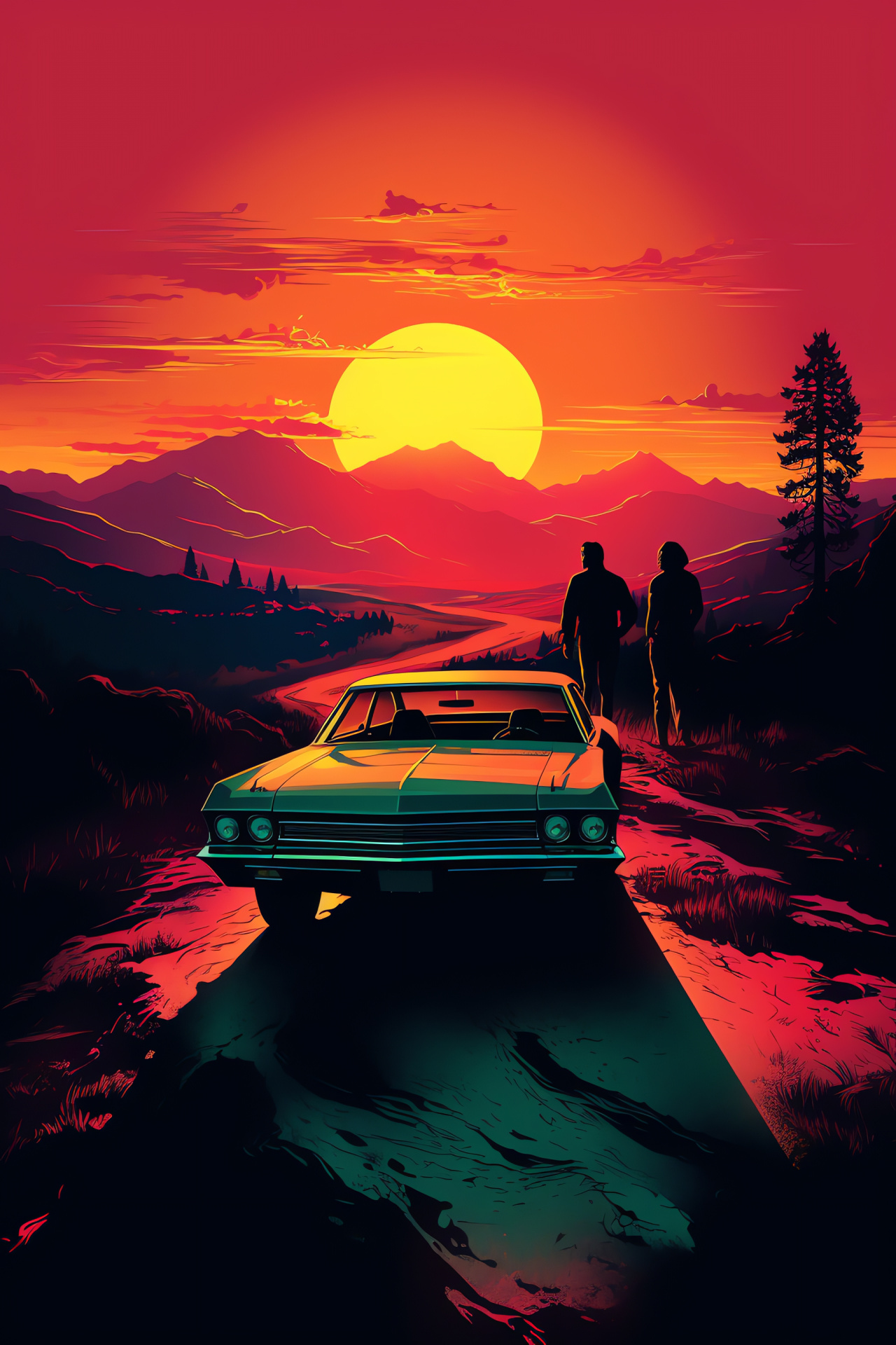 Winchester brothers, classic Impala, asphalt adventures, dusk horizon, Supernatural journey, HD Phone Wallpaper