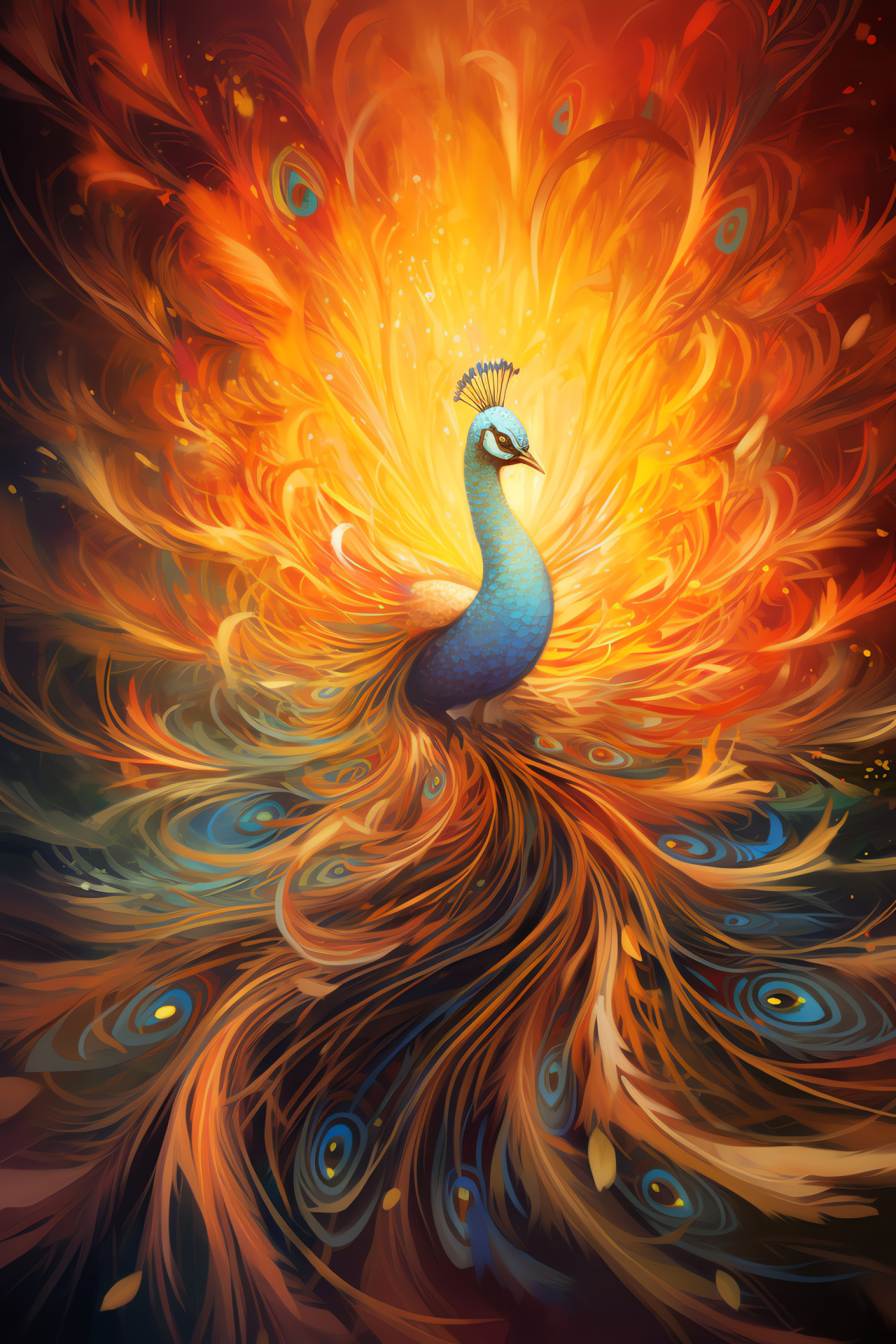 Phoenix peafowl illusion, fiery tail feathers, mythical appearance, avian flamboyance, majestic bearing, HD Phone Image