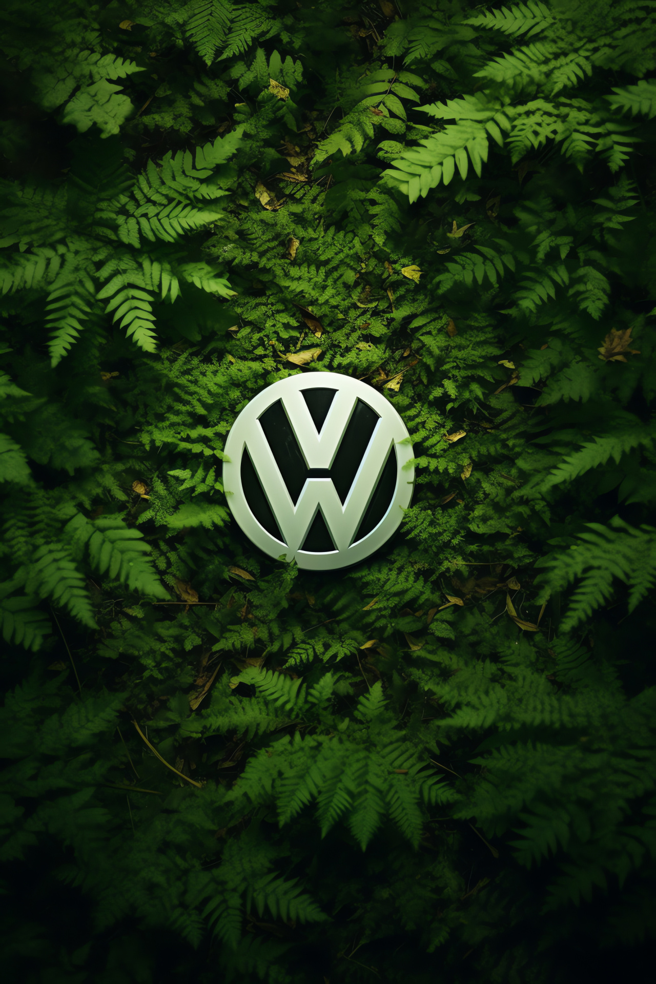 Volkswagen mark, forest setting, overhead wilderness, eco integration, serene automotive presence, HD Phone Wallpaper