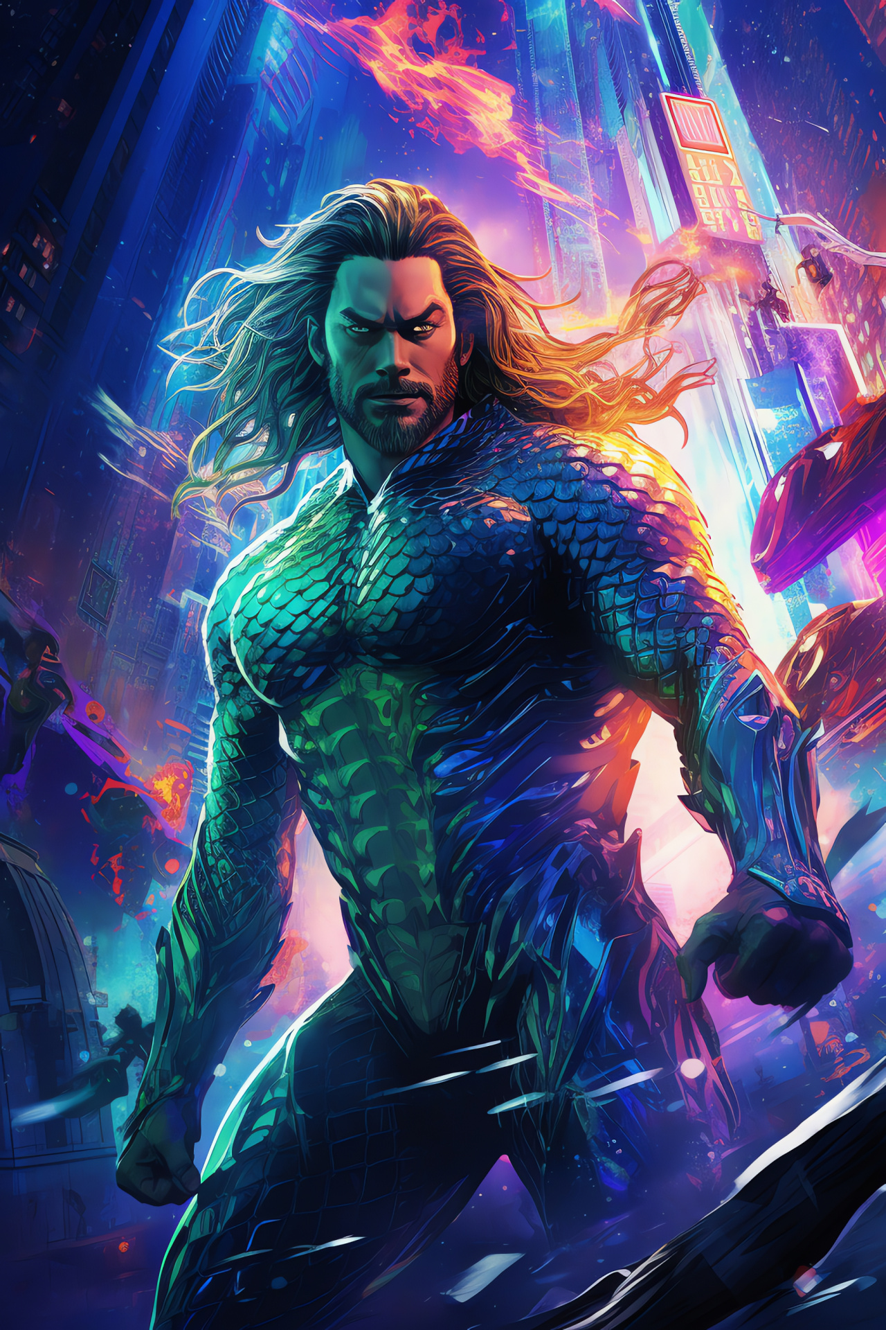 Superhero Aquaman from New 52, metropolitan cityscape, lively aura, contemporary skyline, illuminated scenery, HD Phone Image