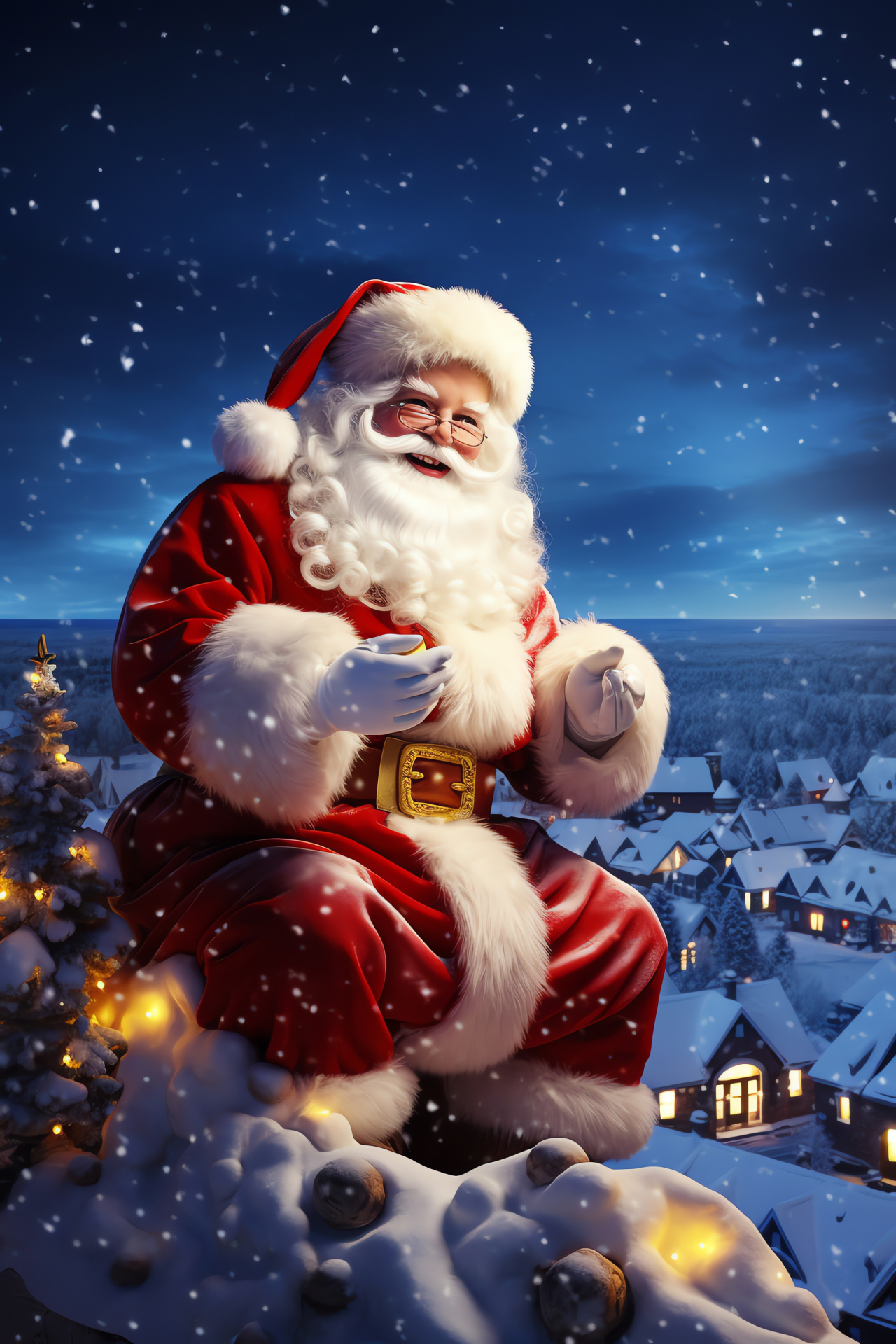 Santa Claus journey, Winter rooftops snow, Holiday sleigh travel, Night sky orb, Picturesque scenery, HD Phone Image