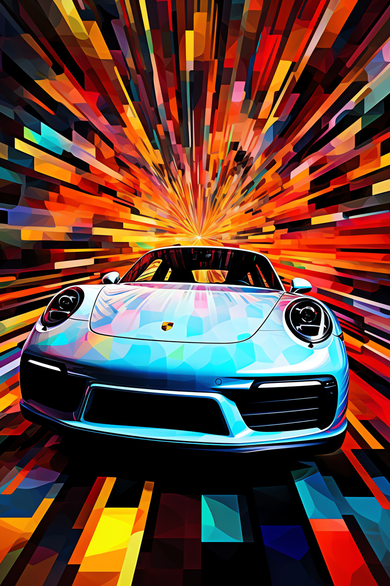 Elevated Porsche 911, Kaleidoscopic backdrop patterns, Detailed vehicle top view, Artistic vibrancy, Precision engineering, HD Phone Image