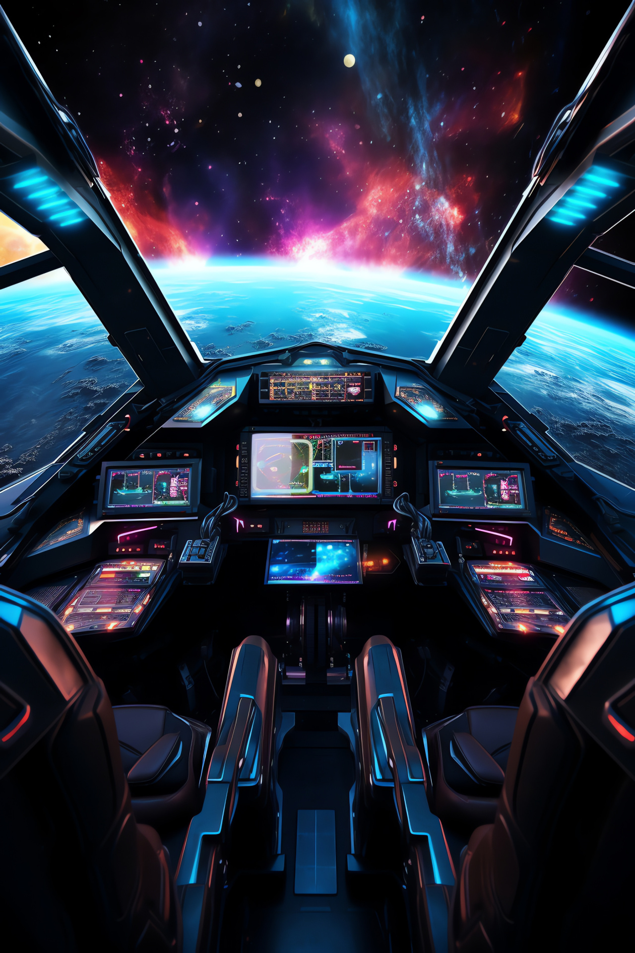 Astronaut cockpit, Chromatic brilliance, Celestial navigation, Interstellar marvels, Nebular twists, HD Phone Wallpaper