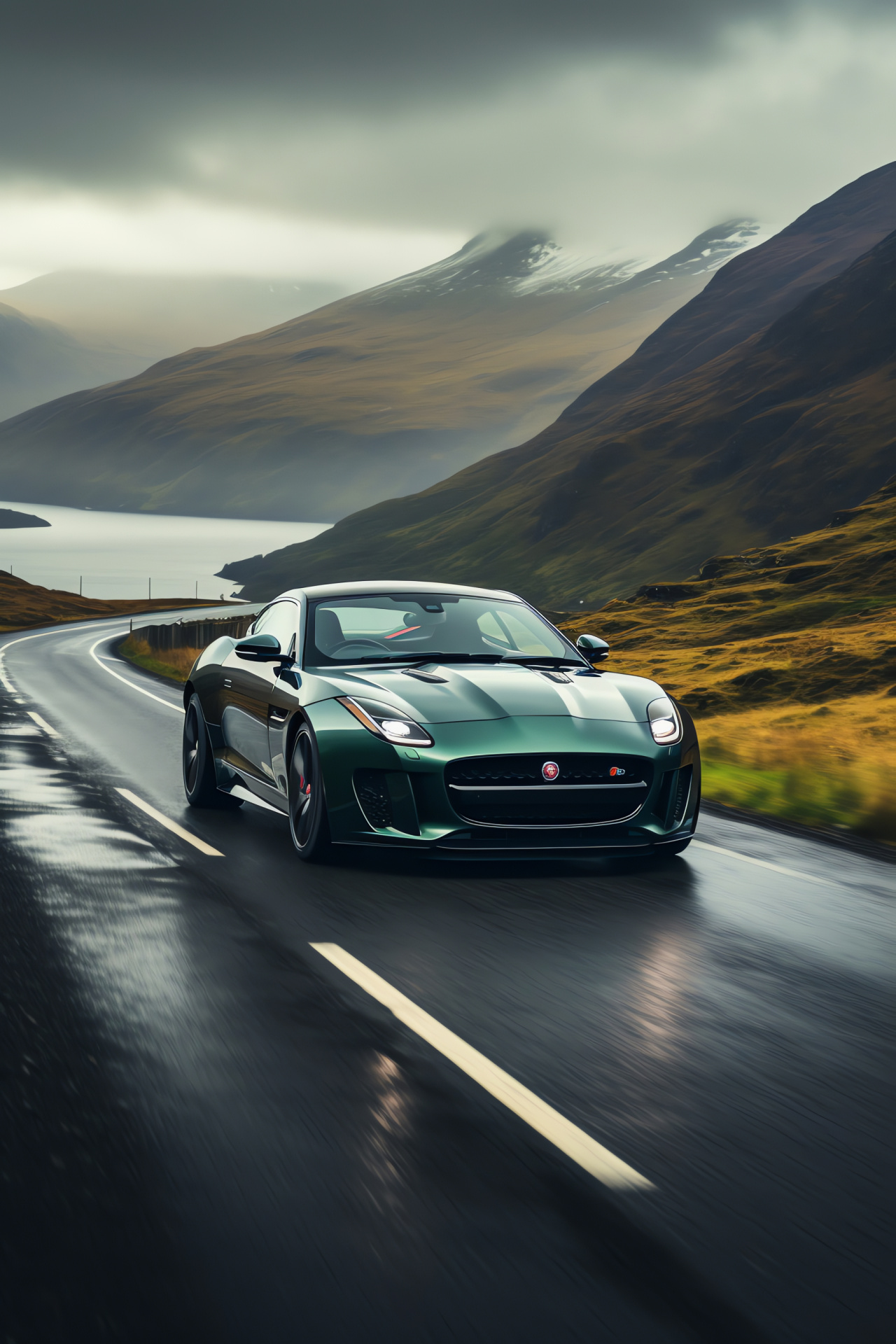 Jaguar F-Type R, British Sports Car, Highland Drive, Performance Vehicle, Misty Terrain, HD Phone Wallpaper