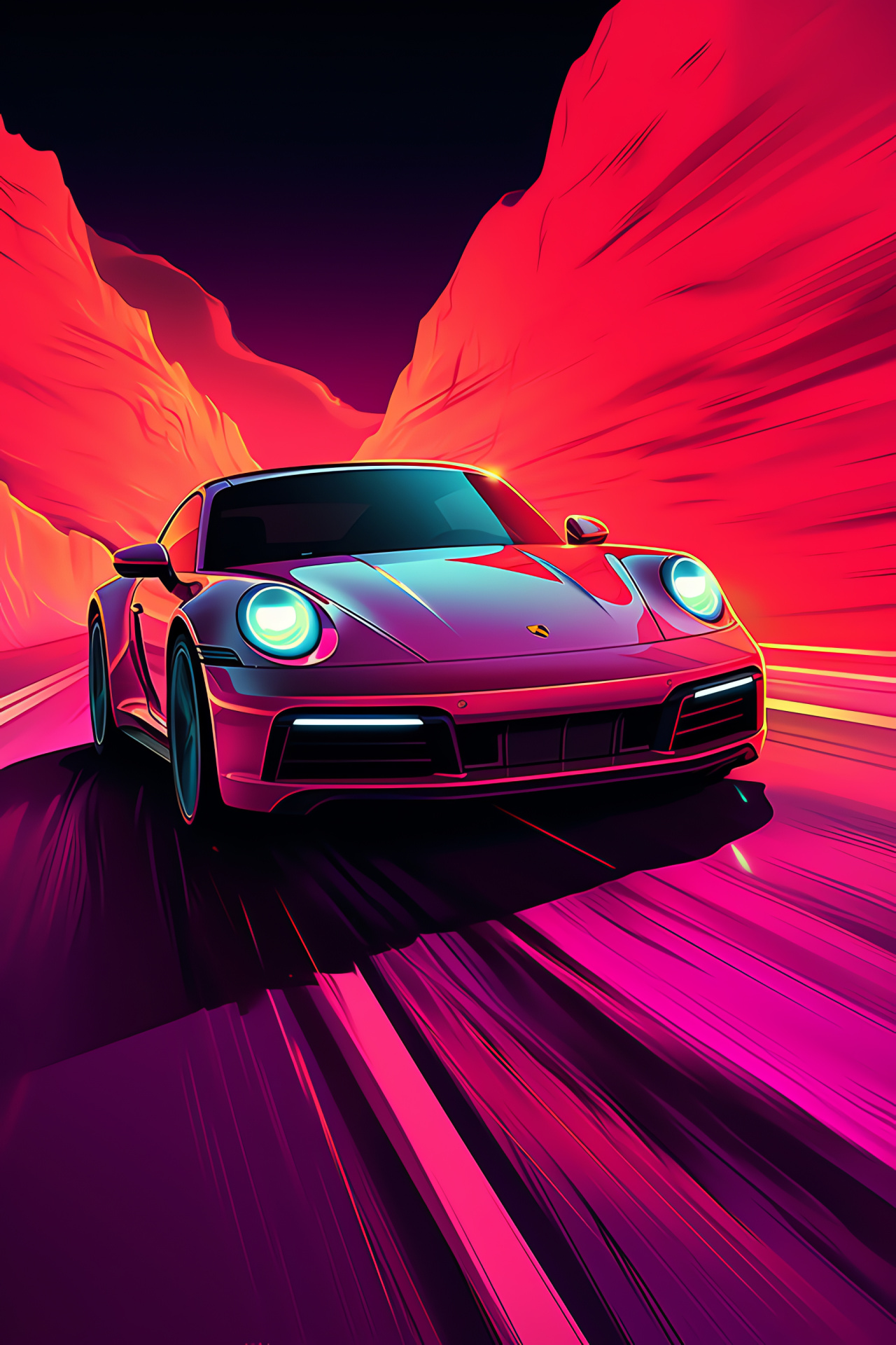 Porsche 911 fantasy, Surreal setting exploration, Neon tunnel discovery, Ethereal car portrayal, Otherworldly 911 journey, HD Phone Wallpaper