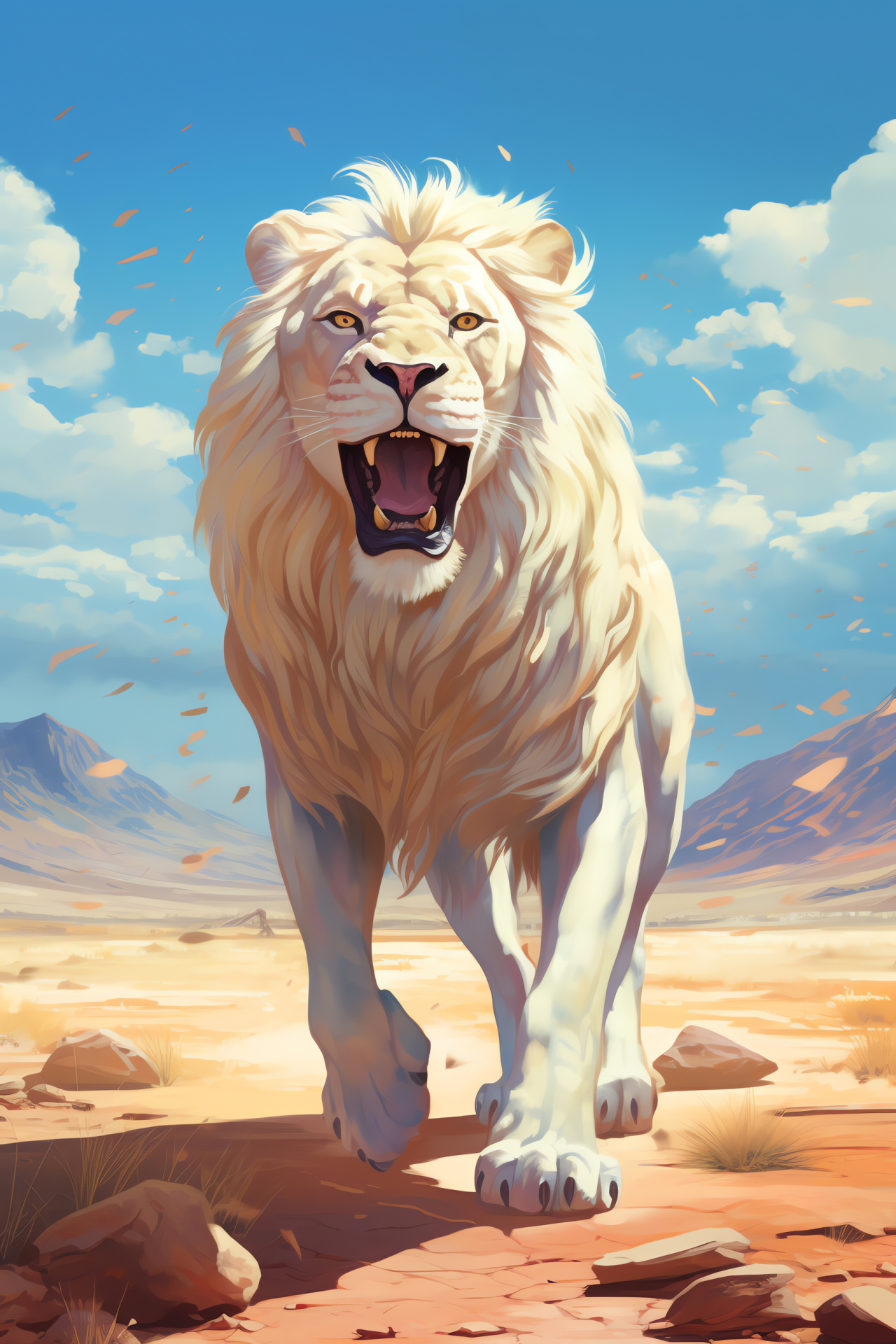 White Lion, Sapphire gaze, Arid landscape, Robust carnivore, Survival adaptation, HD Phone Wallpaper