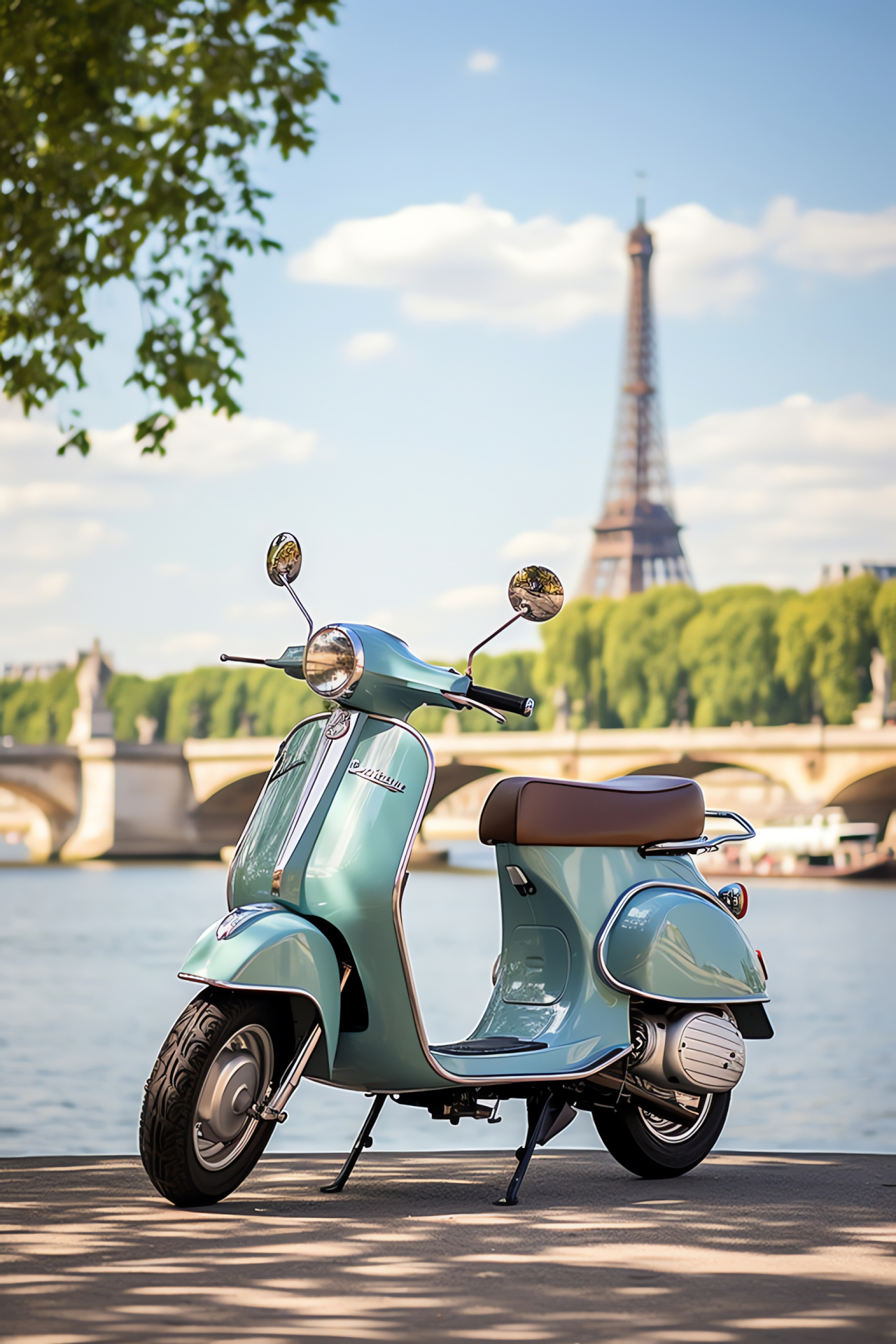 Vespa LXV 150 scooter, Parisian charm, Seine River setting, Eiffel Tower proximity, Historic Parisian transport, HD Phone Image