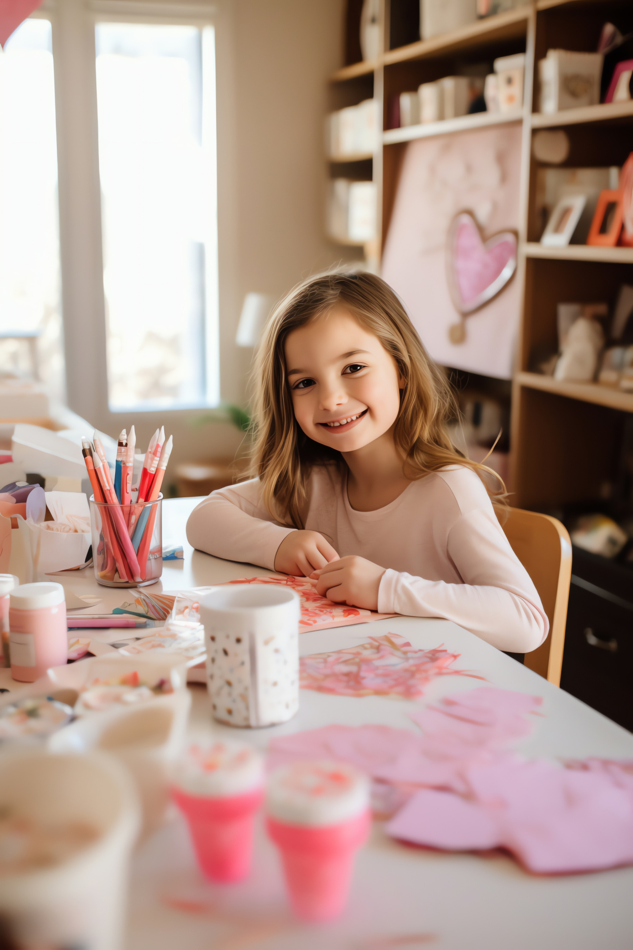 Valentine's creativity scene, Young artist, Personalized greetings, Artistry in bedroom, Craft materials, HD Phone Image