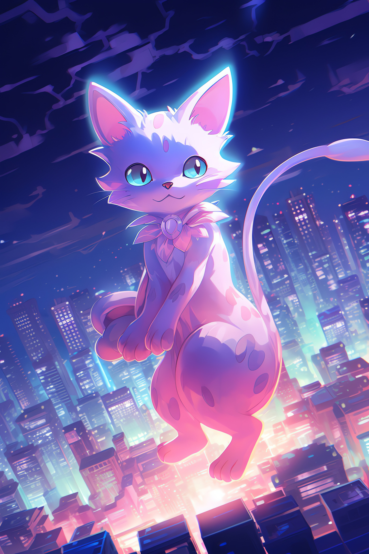 Pokemon Mew, Mythical creature, Neon City setting, Psychic power, Tranquil ambiance, HD Phone Image