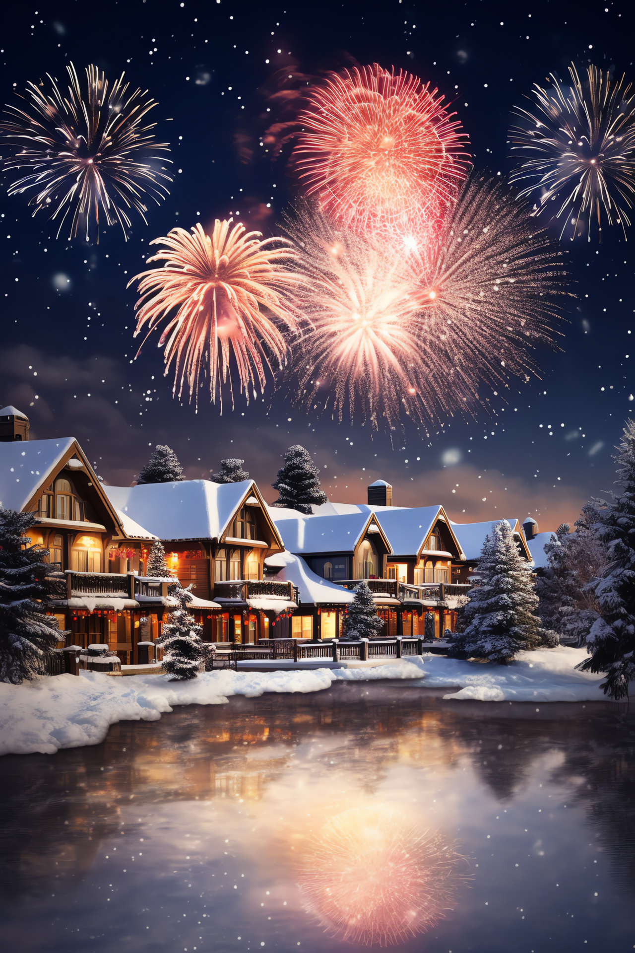 Wintery hamlet, Decorative adorns, Festooned foliage, Illuminated setting, Decorative swags, HD Phone Image