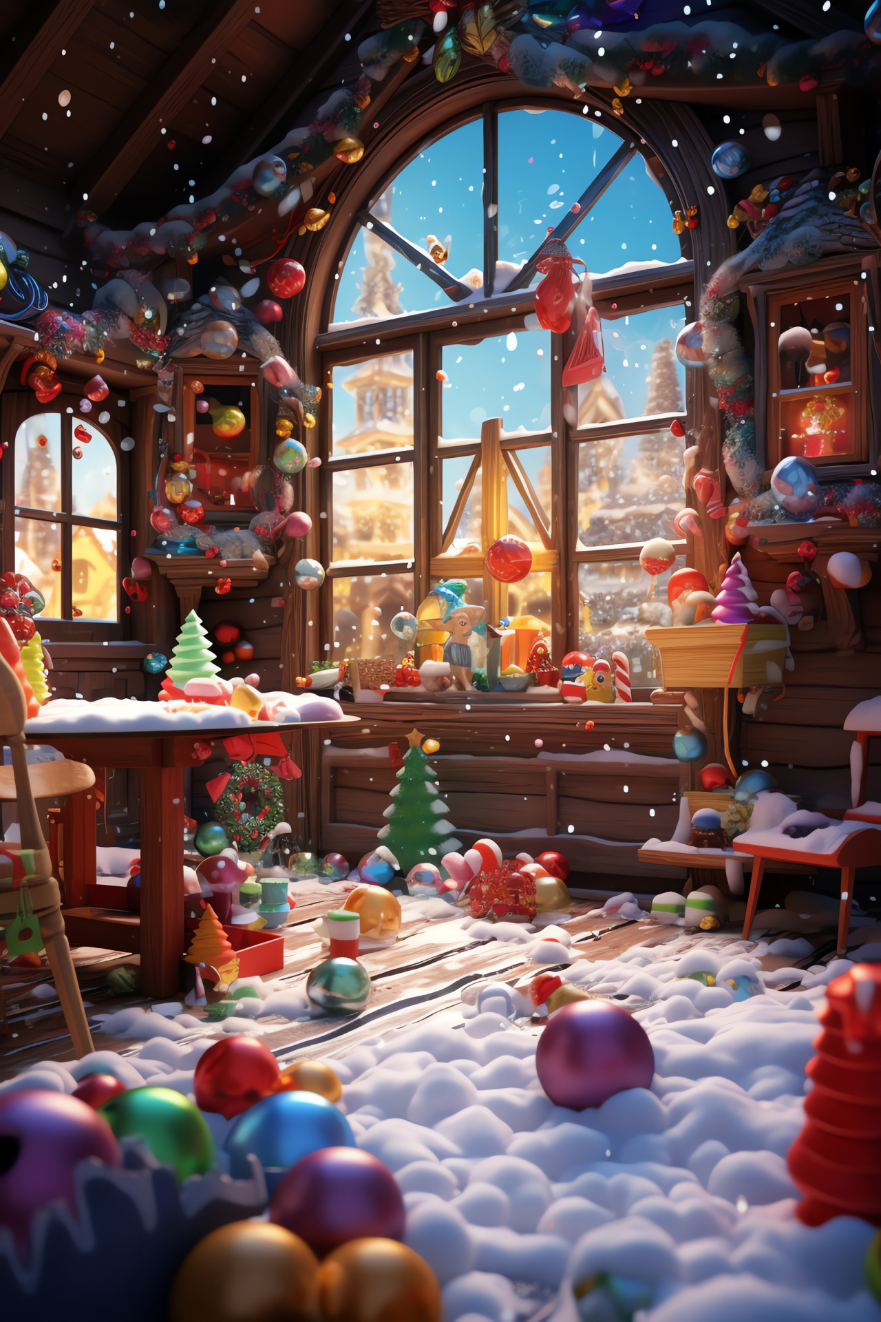 Windows 7 festive application, holiday digital scene, elfin toymakers, articulated Santa's workshop, playthings galore, HD Phone Wallpaper
