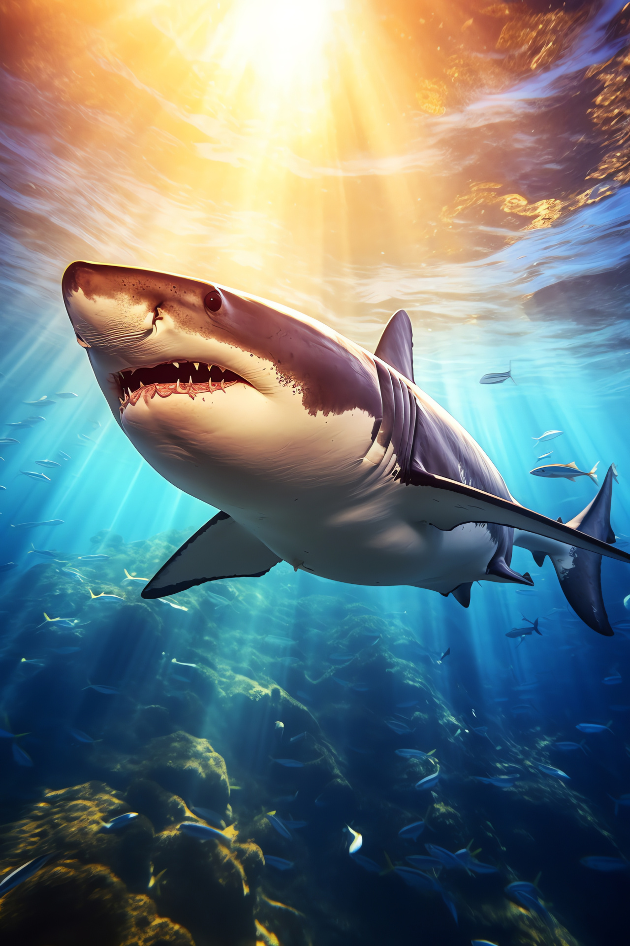 Marine predator Shark, White Shark underwater, aquatic life, sunlit ocean depths, sea creature, HD Phone Image
