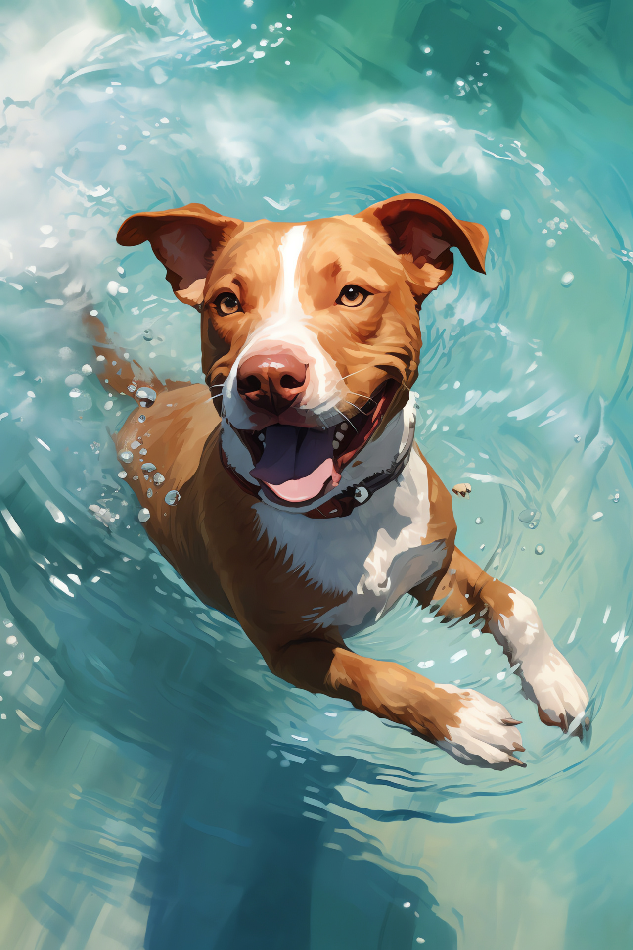 Red Nose Pitbull swimming, Glossy coat, Water activity, Ocean beach, Clear water, HD Phone Wallpaper