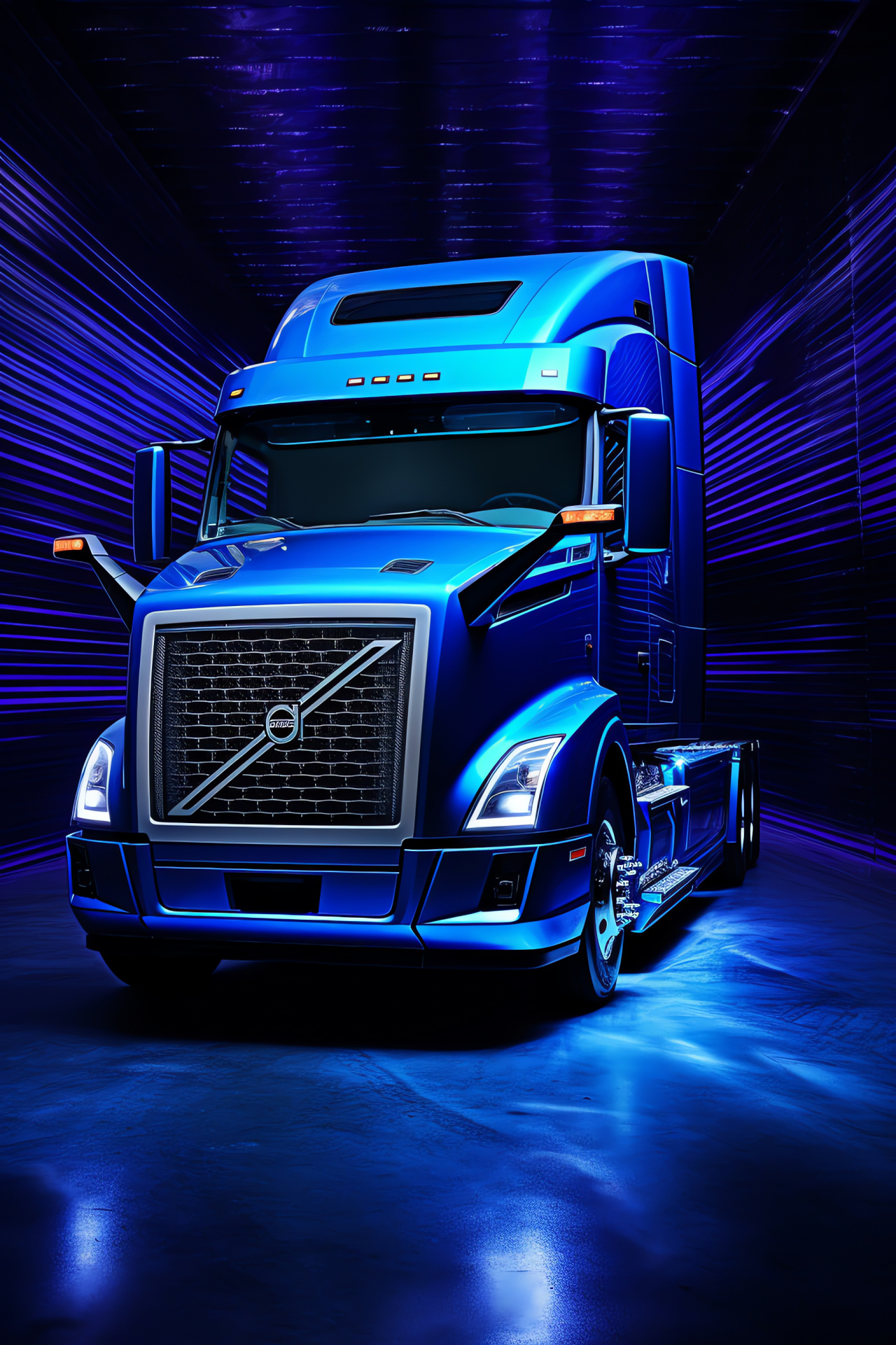Volvo VNL 860 Semi Truck, Wide frame, Deep blue paint, Highlighted contour lines, Long-haul transporter, HD Phone Wallpaper