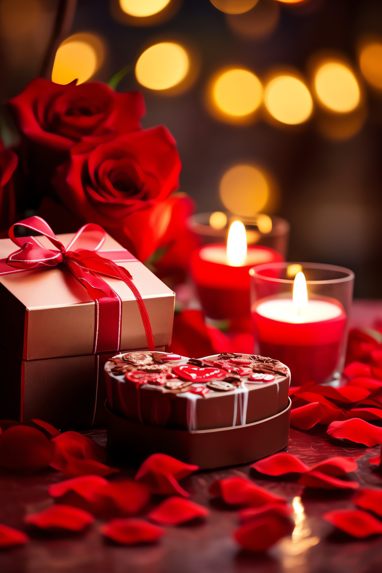 Love commemoration, Chocolate delights, Glossy gift wrap, Decorative bow, Display surface, HD Phone Image