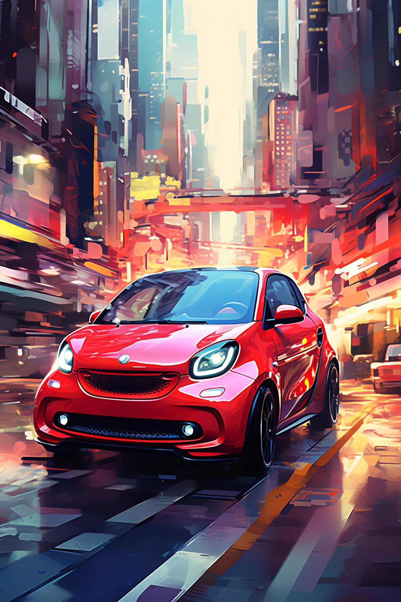 Smart ForFour Drive, Urban panorama, Compact city vehicle, Rich red exterior, Metropolitan bird's-eye vantage, HD Phone Image