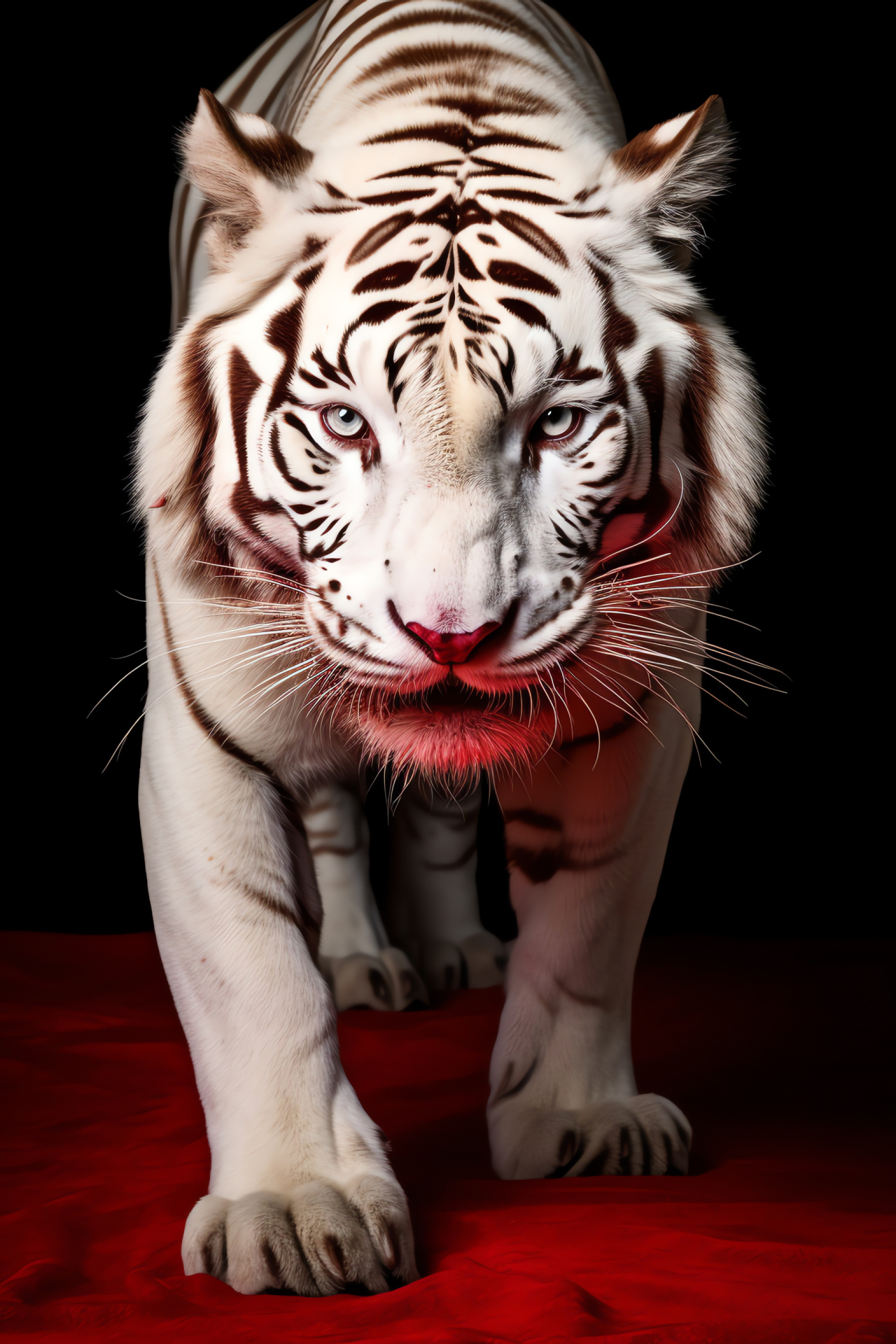 Icy Tiger gaze, white feline expanse, solitary red backdrop, serene big cat aura, HD Phone Image