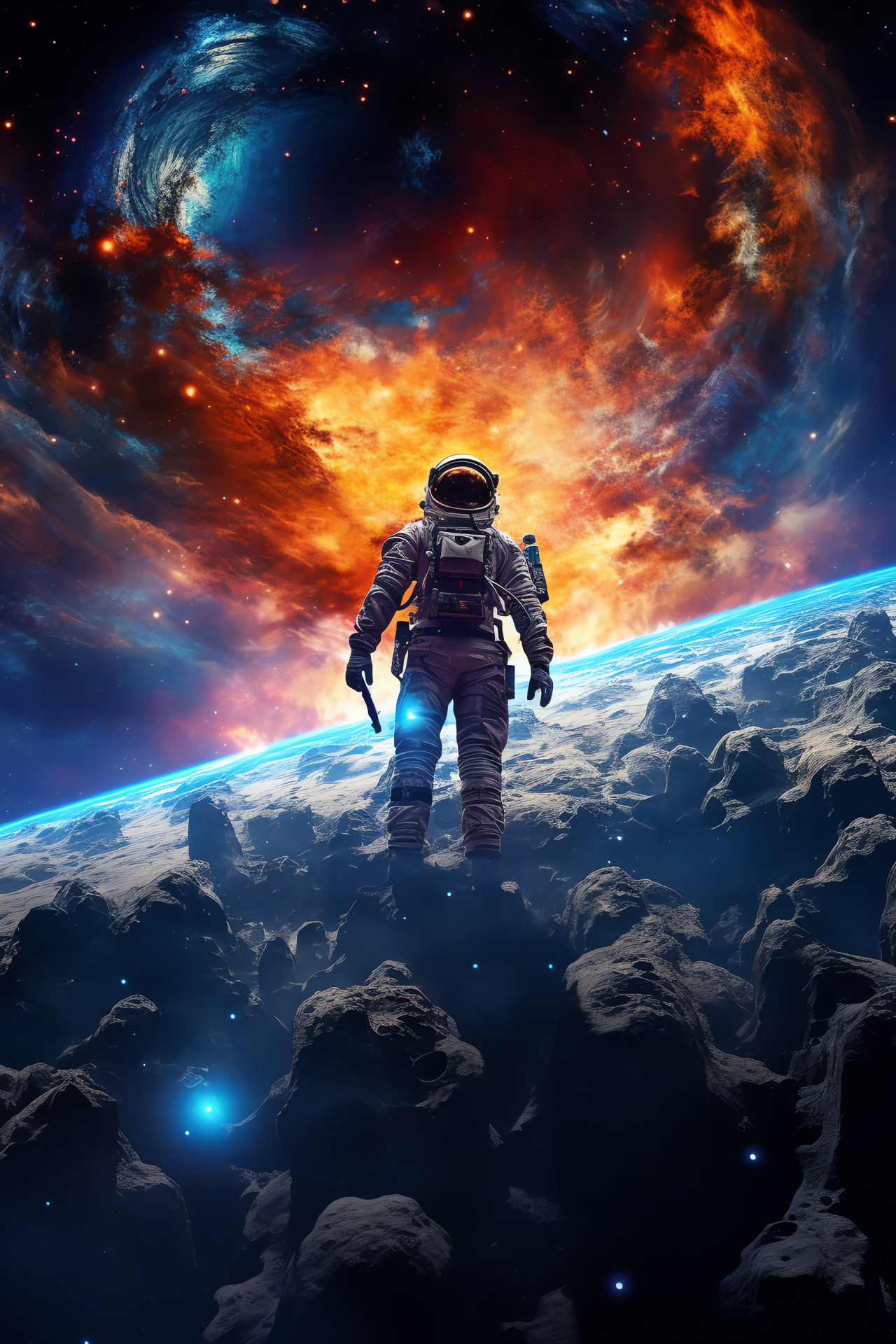 Space traveler, Weightless astronaut, Outer space vastness, Universal realm, Orbiting planets, HD Phone Image