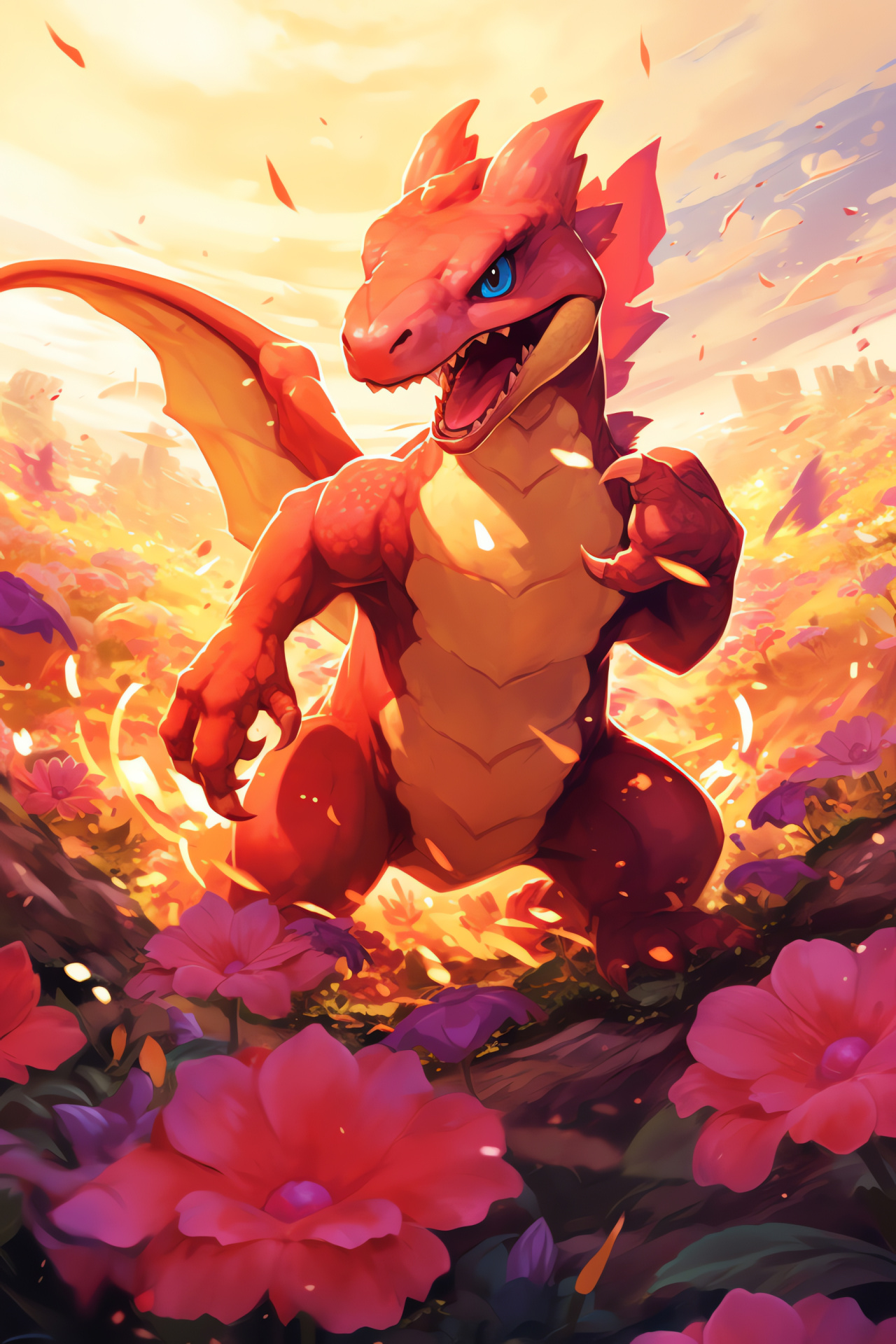 Charmeleon presence, Blossoming flora, Incandescent tail glow, Dragon-type move spectacle, Seismic battle impact, HD Phone Image