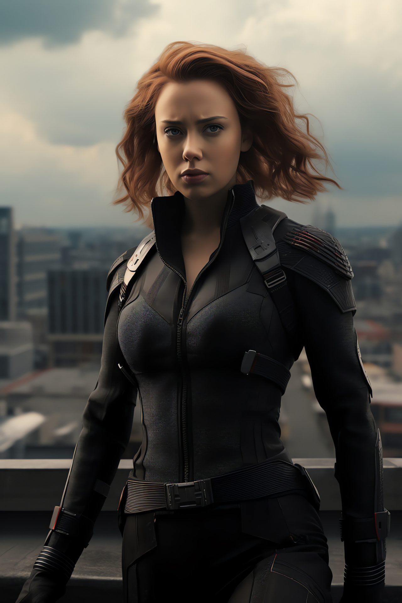 Scarlett Johansson as Natasha, Black Widow persona, Superhero stance, Marvel's rooftop scene, Covert outfit, HD Phone Wallpaper