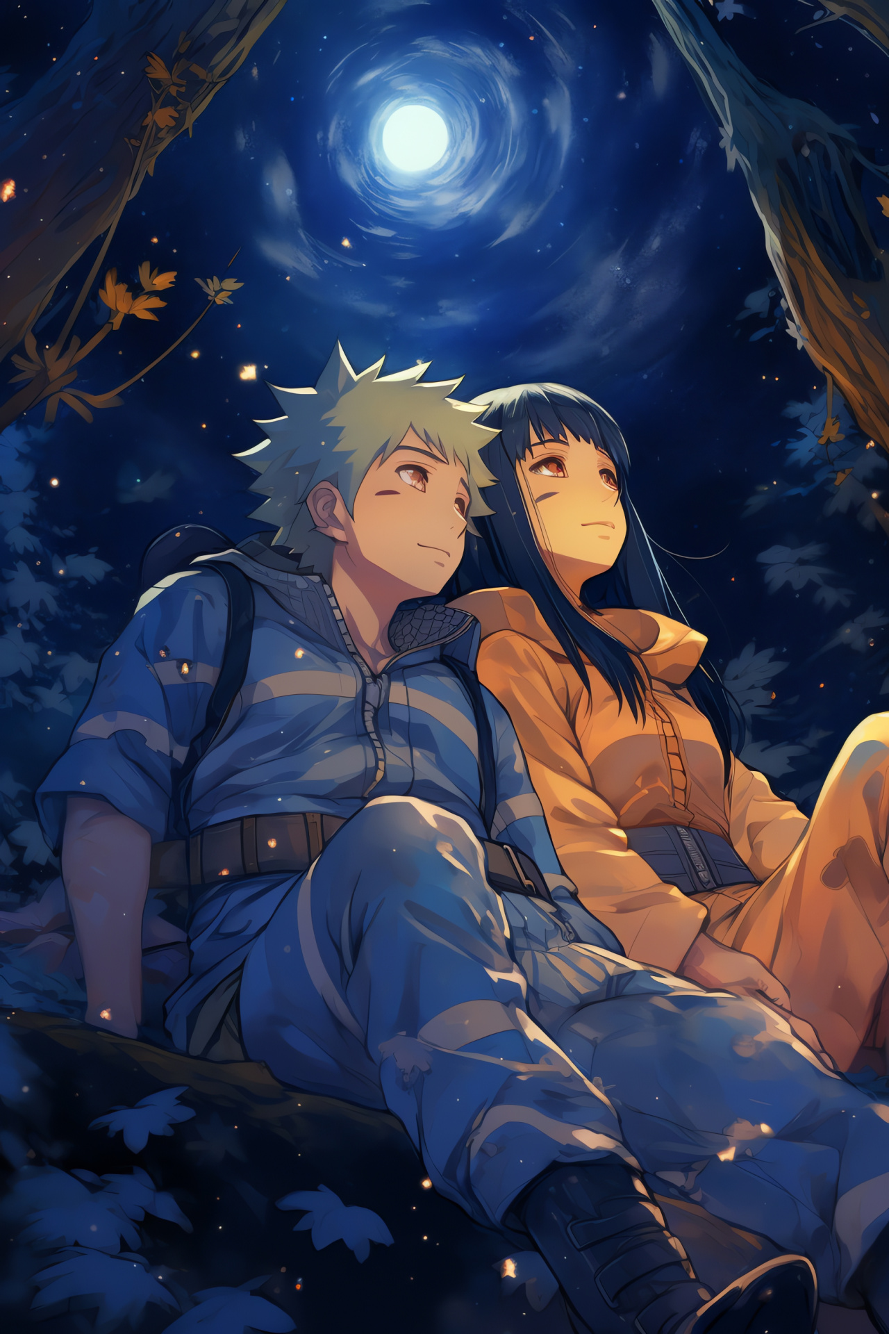 Naruto Uzumaki, Hinata Hyuga, tender moment under cosmos, celestial beauty, romantic Ninja pairing, HD Phone Image