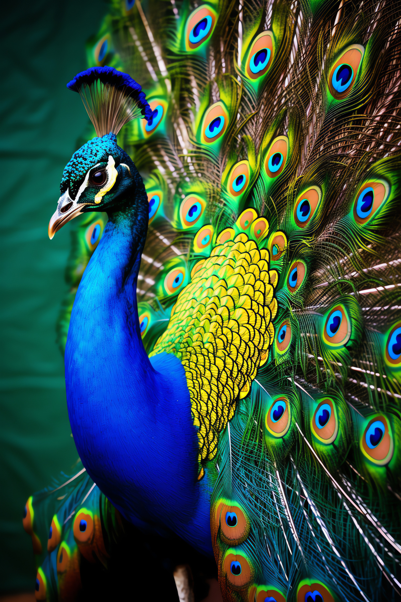 Peacock, Full feather display, Vibrant blue plumage, Shimmering golden patterns, Two-tone background, HD Phone Wallpaper