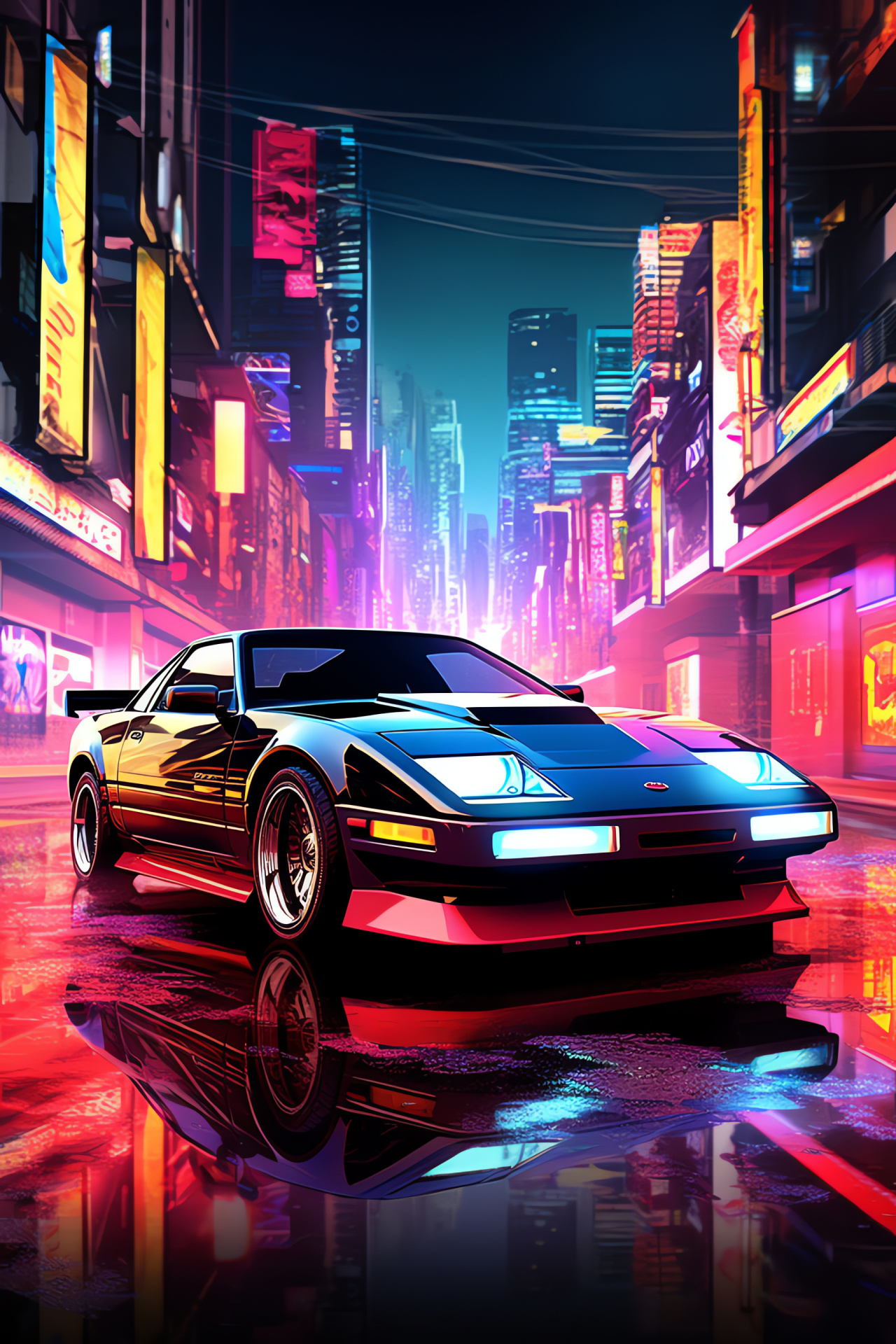 Nissan 300ZX urban atmosphere, Metropolis neon underline, Futuristic city concept, Holographic glow, Vibrant nightlife, HD Phone Wallpaper