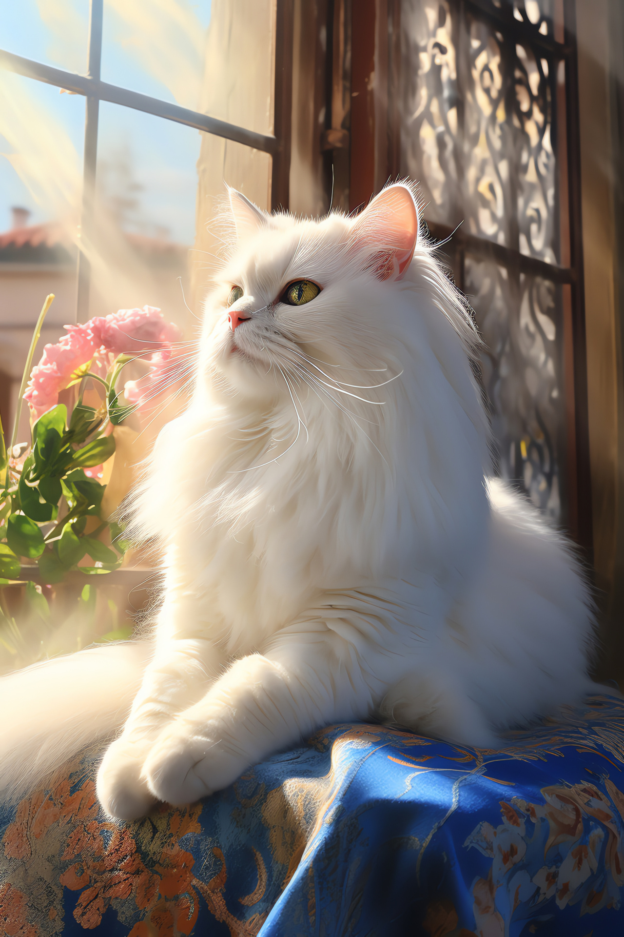 White Persian cat, azure stare, elegant long-hair, alabaster coat, dignified stance, HD Phone Image