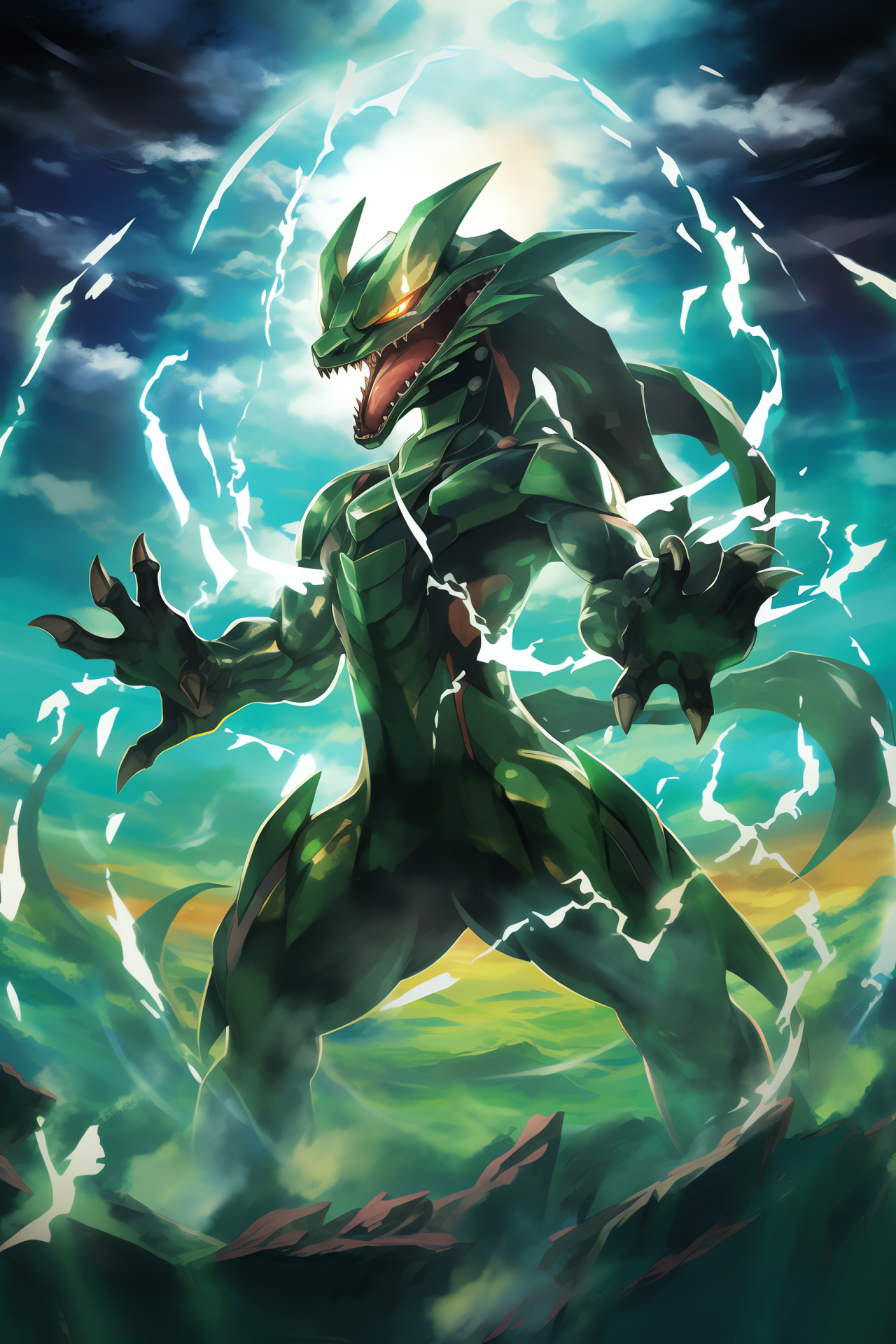 Legendary Pokmon Rayquaza, Elite challenge, Atmospheric guardian, Overwhelming might, Tempestuous aura, HD Phone Image
