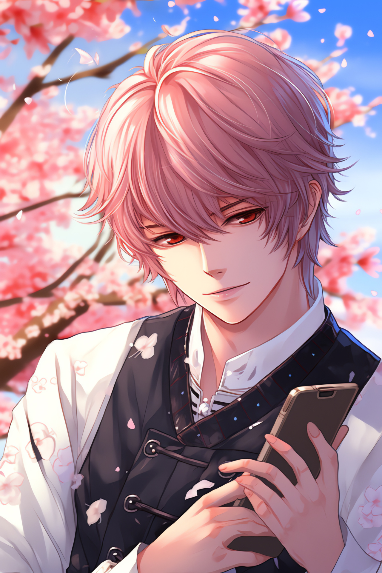 Mystic Messenger gameplay, Hanami garden visuals, Main character romance, Zen affection scene, Virtual love interest, HD Phone Image